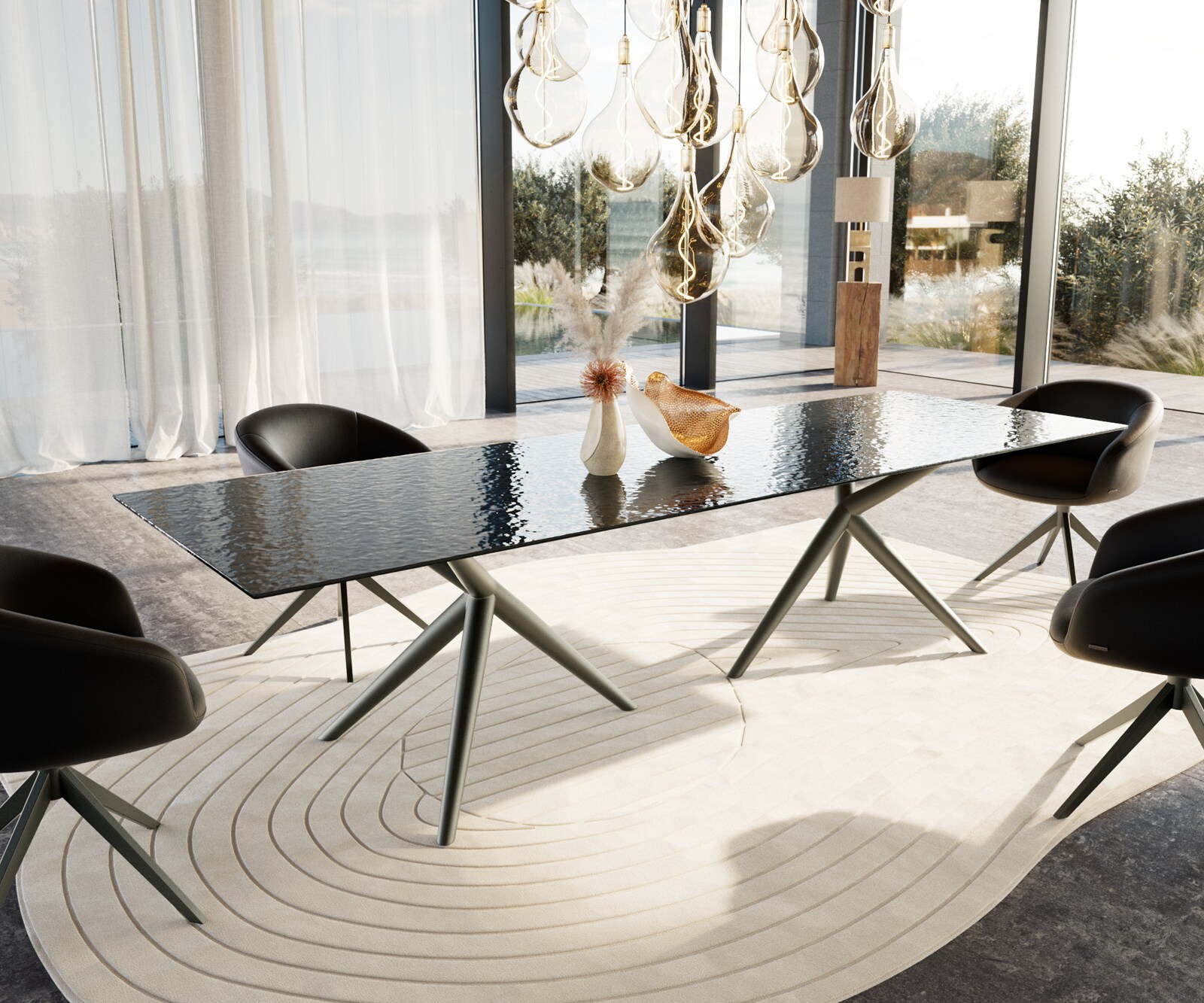 Stół do jadalni Edge 300x100cm szkło reliefowe dymione czarne efekt 3D rama Estelar metal kolor tytanowy 1