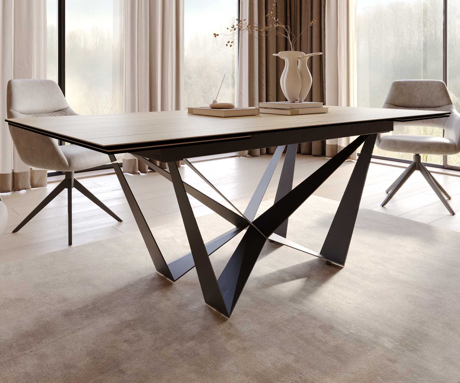 Stół do jadalni Edge 200-300x100 cm ceramika Laminam® Sabbia kolor dębu rama Spider metal czarna rozkładany 6