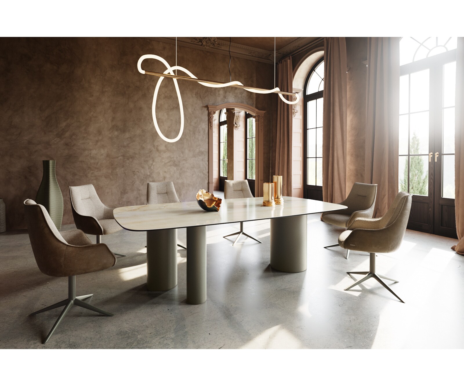 Stół do jadalni Edge kształt beczki 240x120cm ceramika Iris FMG Onice Oro rama Troa metal kolor tytanowy 4