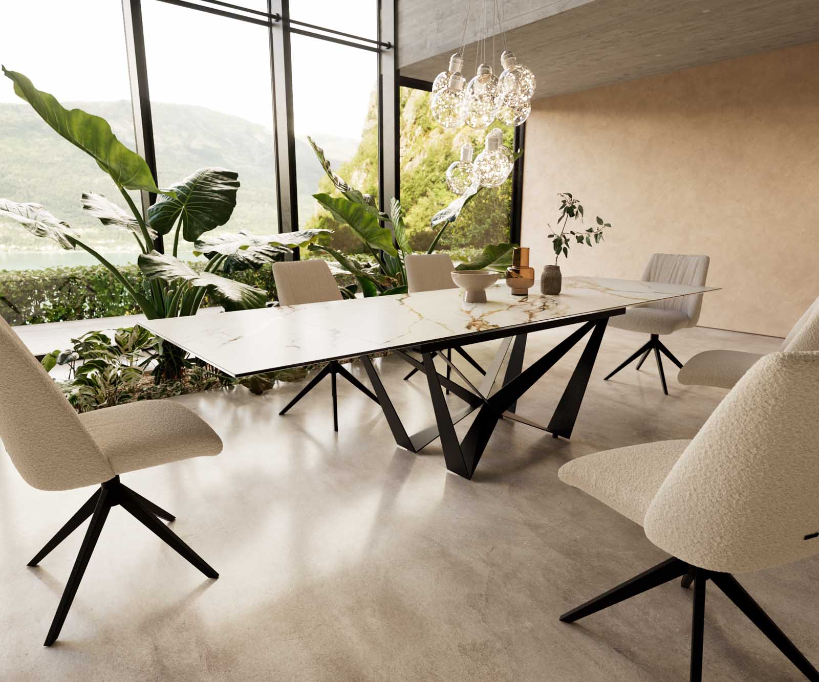 Stół do jadalni Edge 200-300x100 cm ceramika Calacatta Luxe biało-złoto-szary rama Spider metal czarna rozkładany