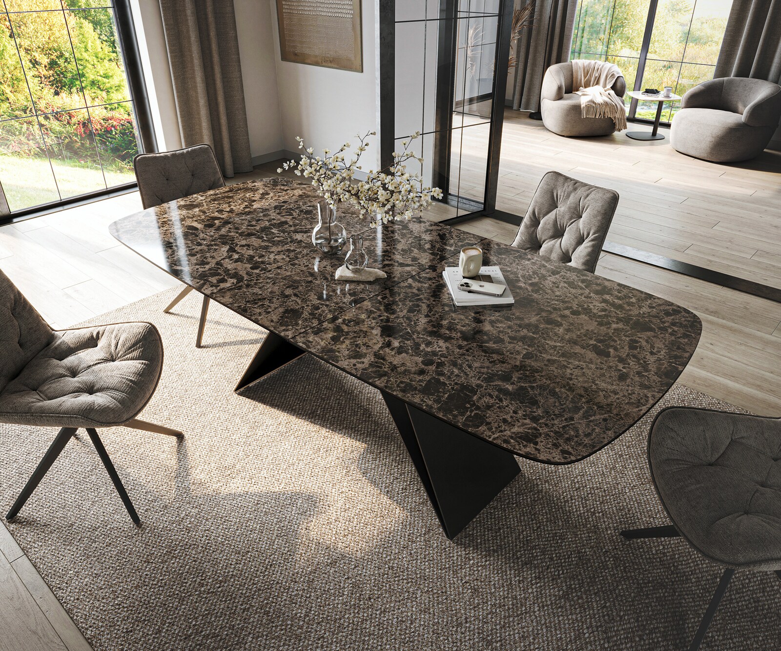 Stół do jadalni Edge w kształcie beczki 180-220x100 cm ceramika Emperador Extra Lucidato ciemnobrązowa rama typu V metal czarny rozkładany 3