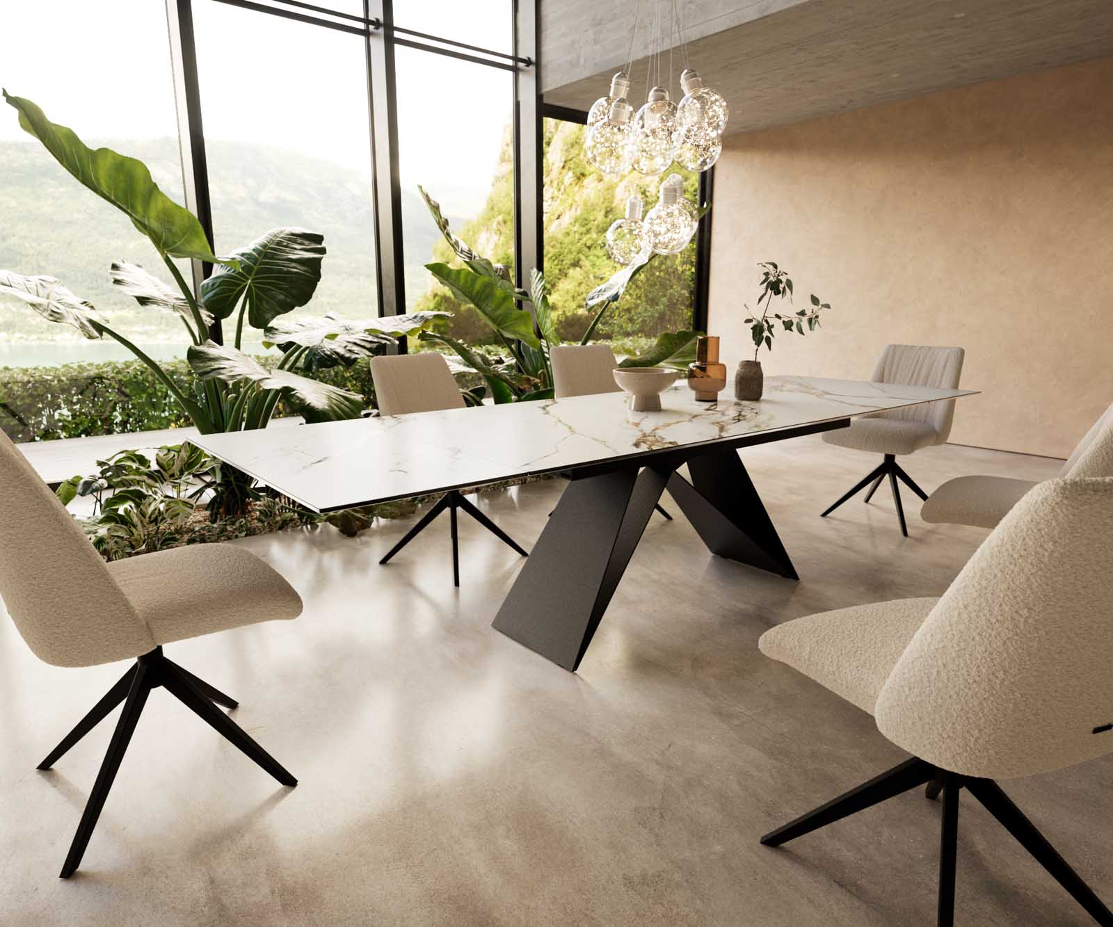Stół do jadalni Edge 200-300x100 cm ceramika Calacatta Luxe biało-złoto-szary rama V metal czarna rozkładany