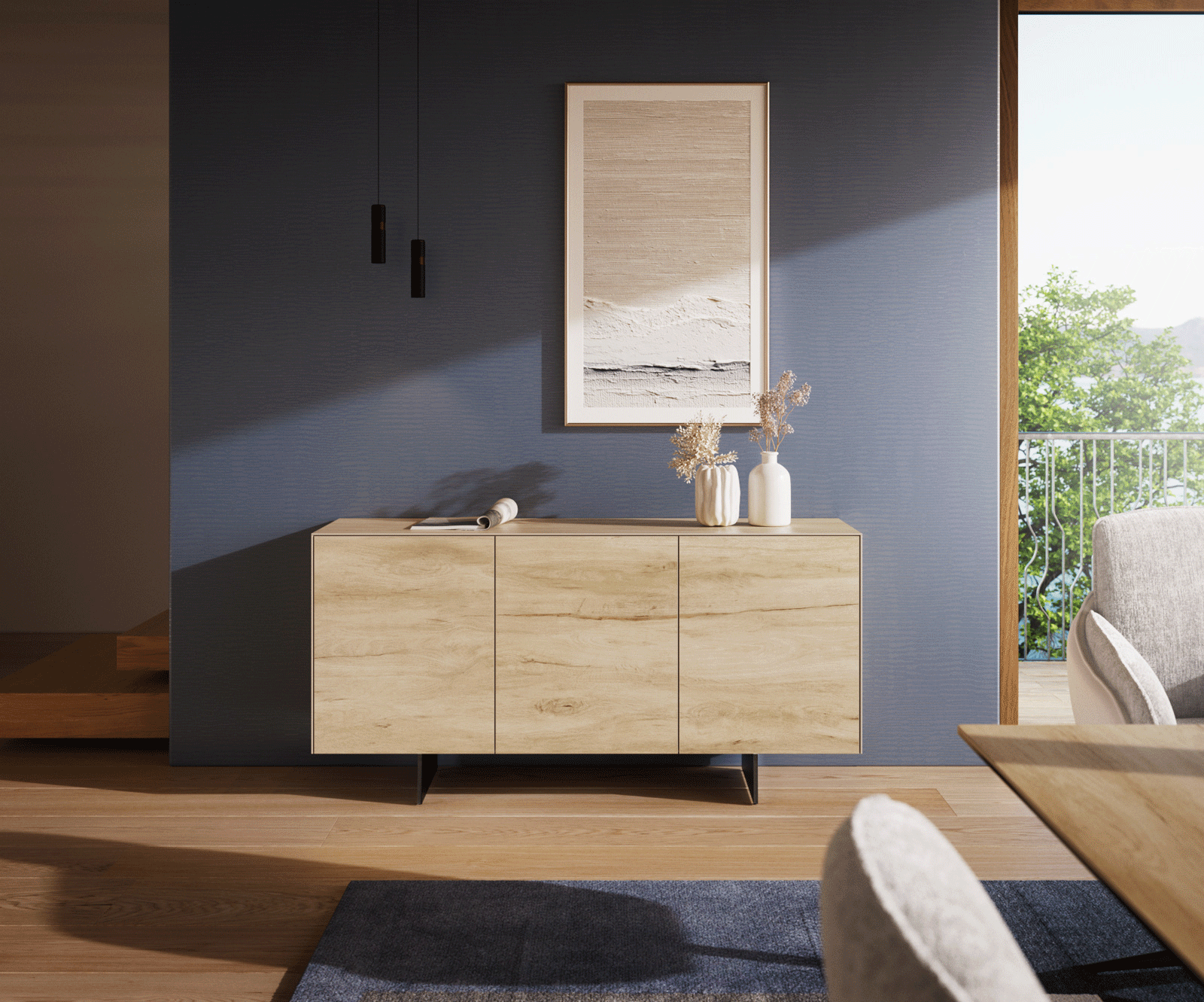 Komoda Cuor 150 cm ceramika Laminam® Sabbia (kolor dębu) 3 drzwi nóżki wąskie czarny metal 2