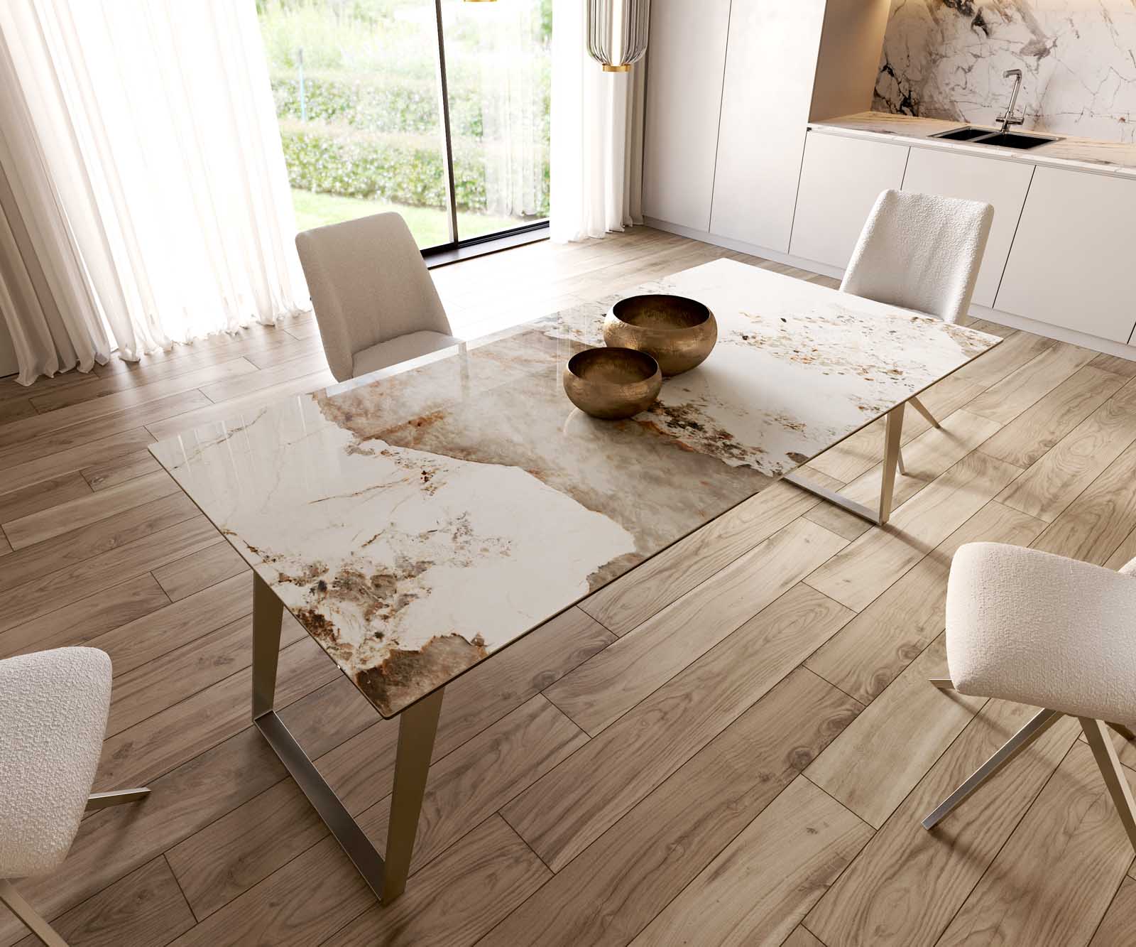 Stół do jadalni Edge 200x100 cm ceramika Minas Melange biało-beżowy stal nierdzewna pochylona rama 5