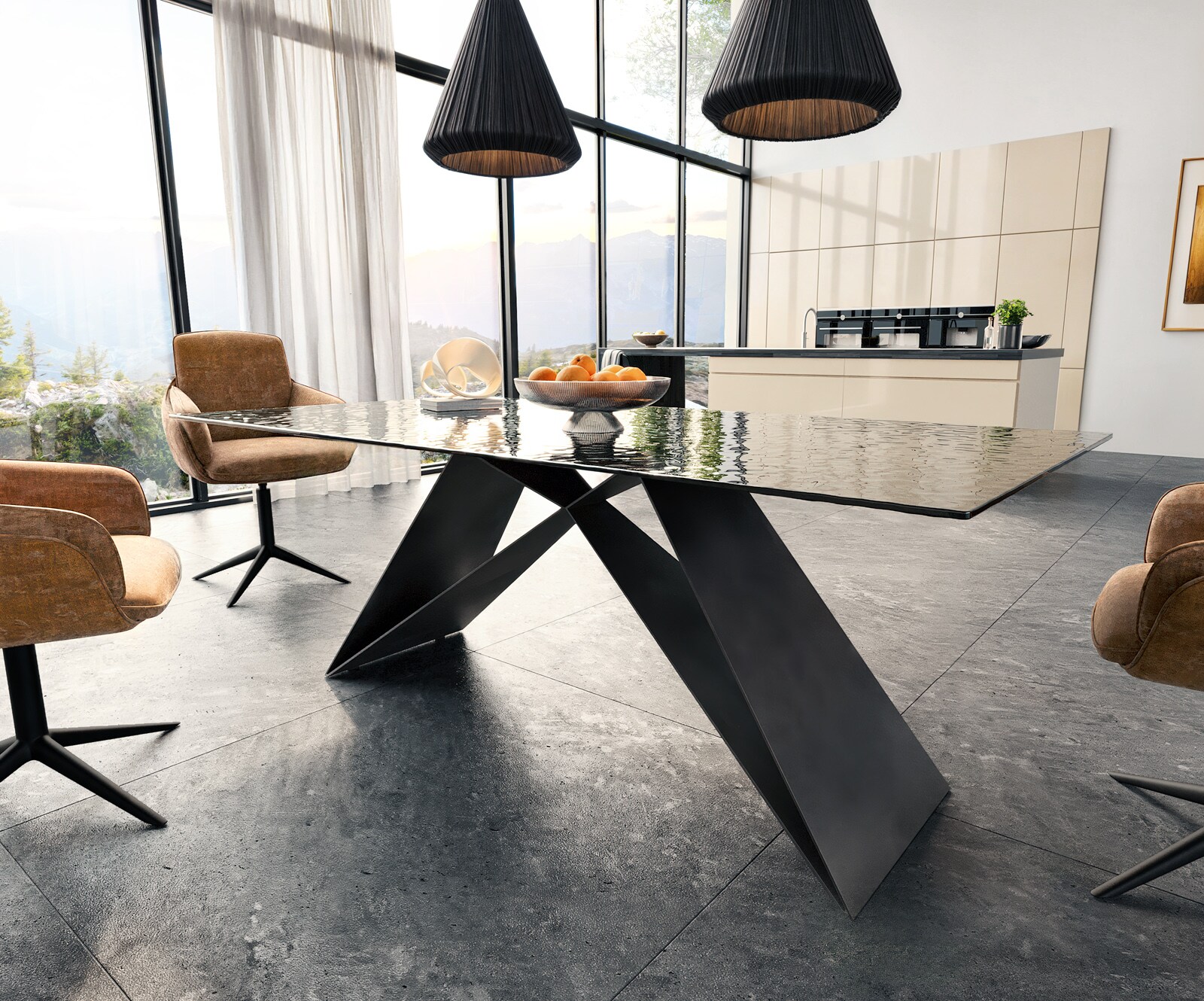 Stół do jadalni Edge 200x100 cm szkło reliefowe czarne efekt 3D rama V metal czarna 4