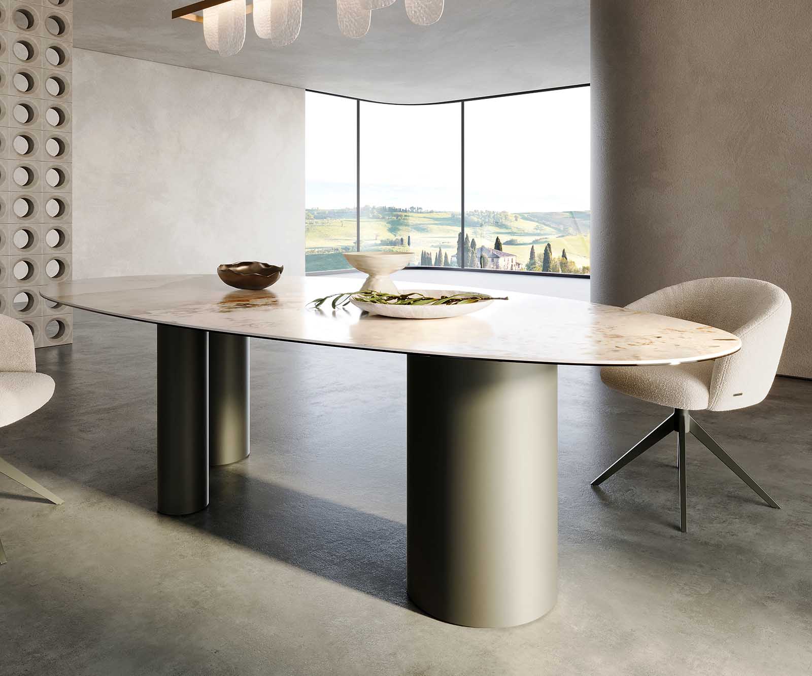 Stół do jadalni Edge owalny 280x130cm ceramika Minas Melange biało-beżowy rama Troa metal kolor tytanowy 5