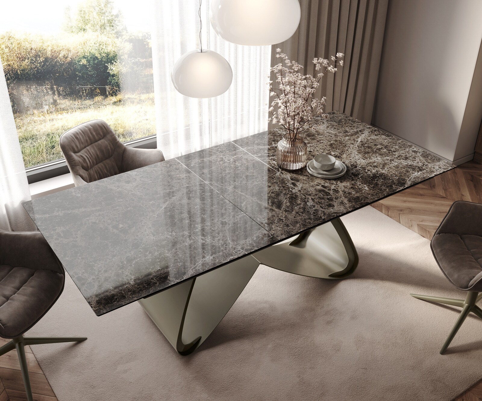 Stół do jadalni Edge 180-220x100cm ceramika Laminam® Emperador Extra Lucidato ciemnobrązowy rama W kolor tytanowy rozkładany 3