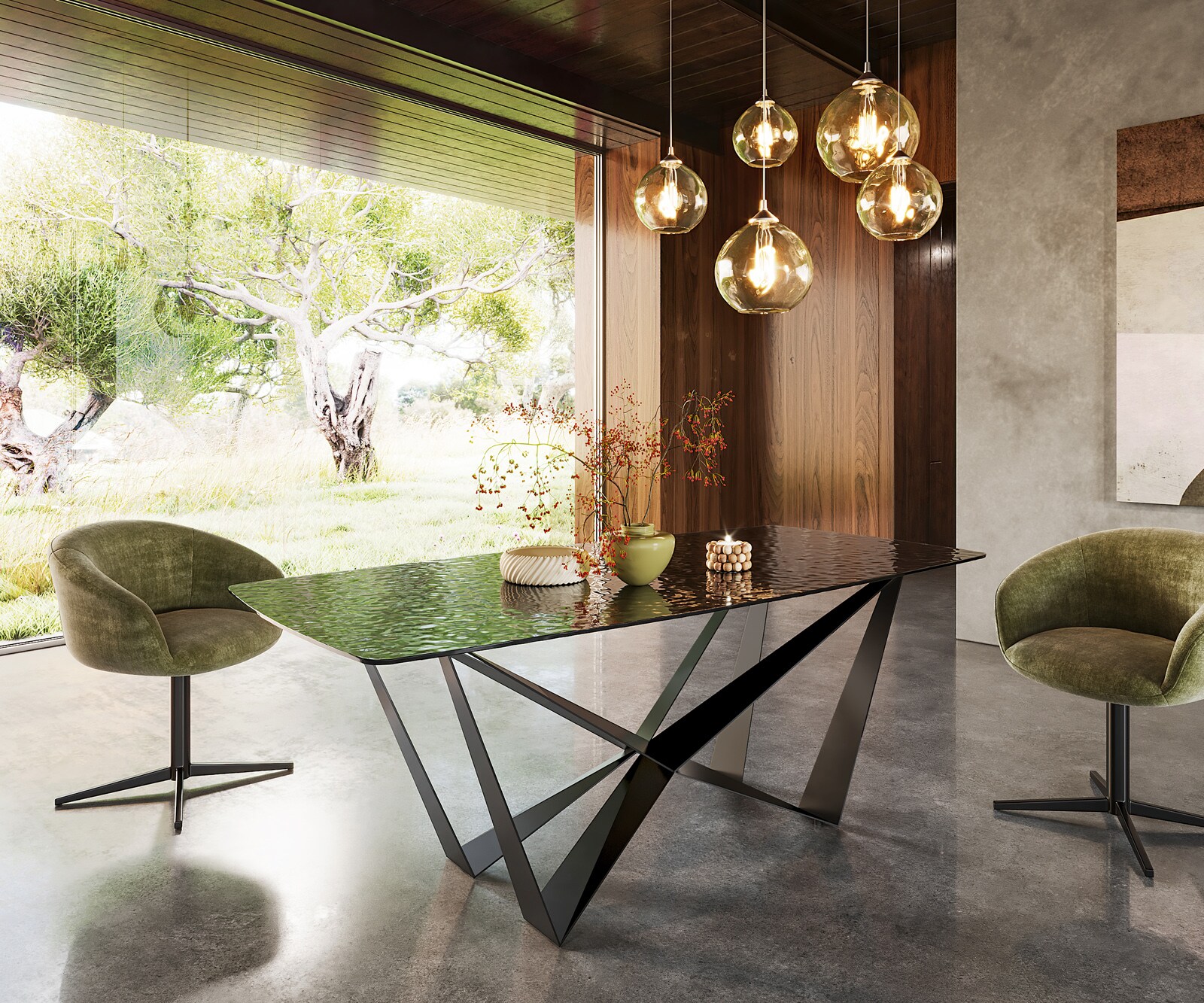 Stół do jadalni Edge kształt beczki 200x100cm szkło reliefowe czarne efekt 3D rama Spider metal czarna 3