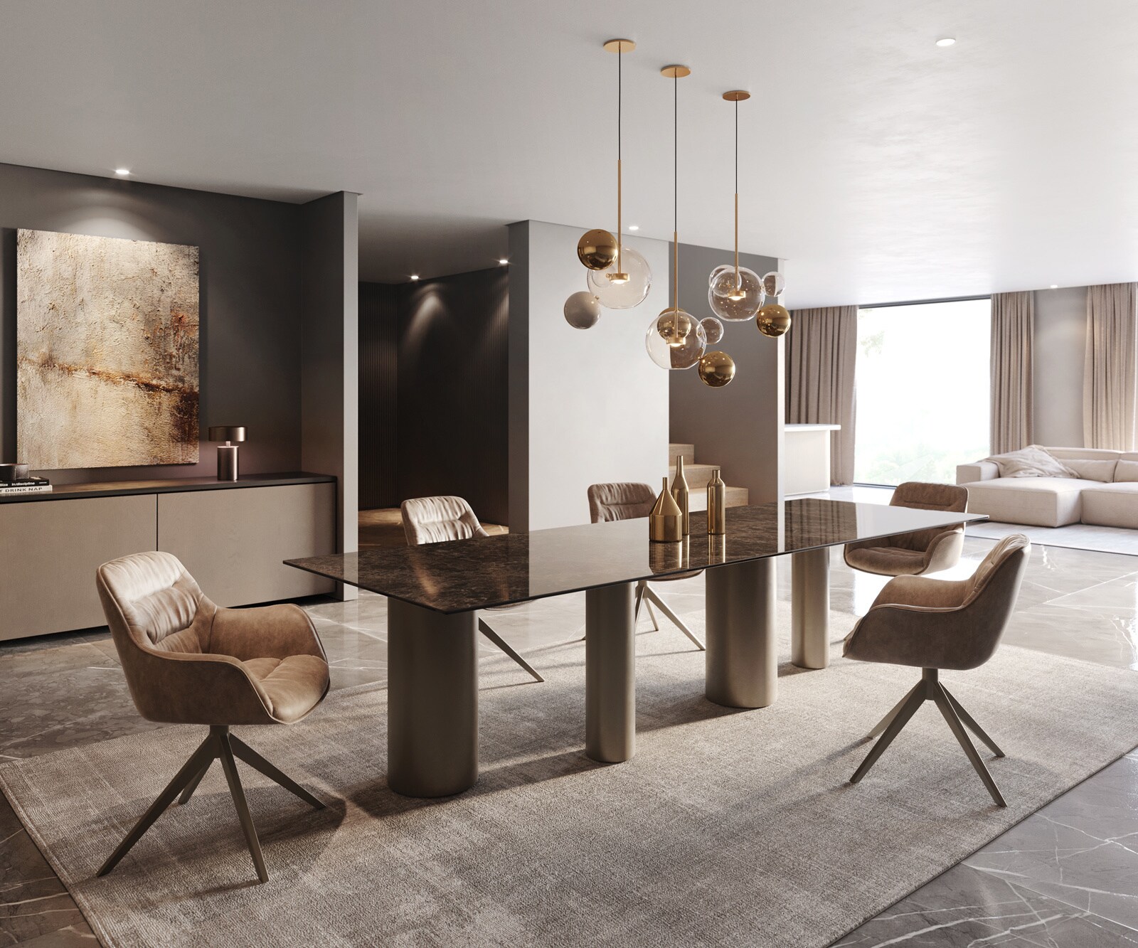 Stół do jadalni Edge 300x100cm ceramika Emperador Extra Lucidato ciemnobrązowa rama Pilier metal kolor tytanowy 6