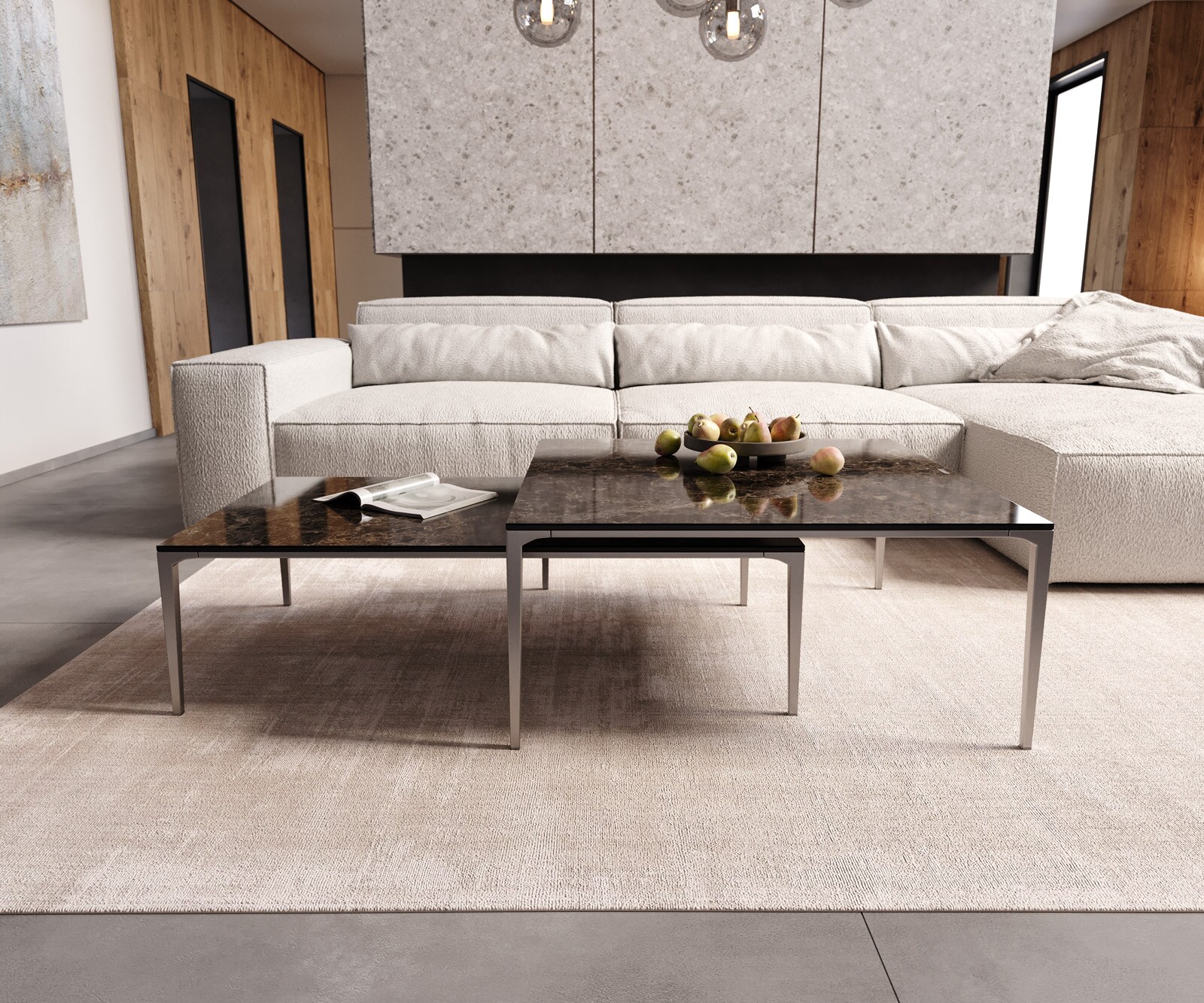 Stolik kawowy Levente 110x60 cm ceramika Emperador Extra Lucidato ciemnobrązowy rama stal nierdzewna srebrny 6