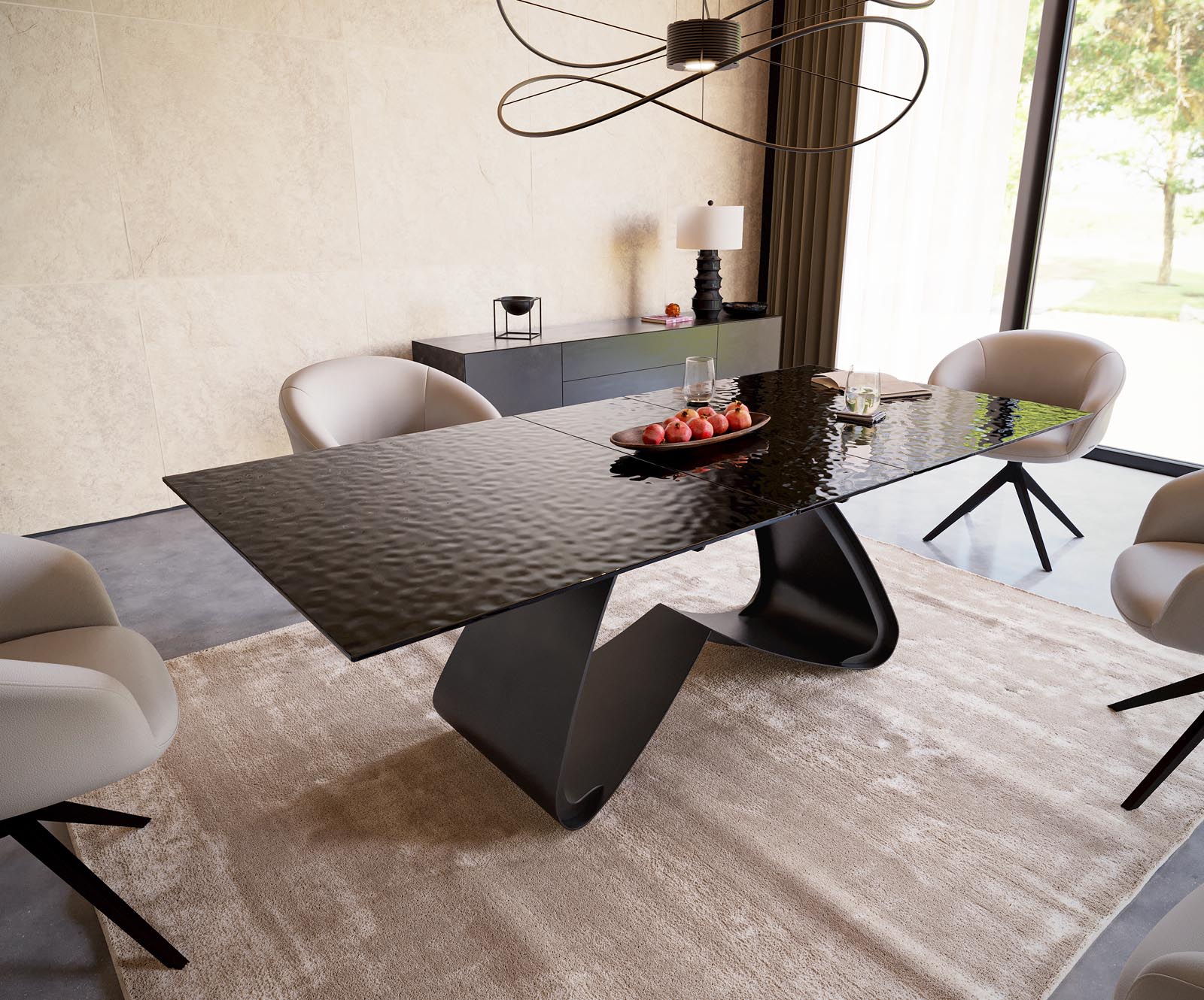 Stół do jadalni Edge 200-300x100 cm szkło reliefowe czarne efekt 3D rama W czarna rozkładany 4