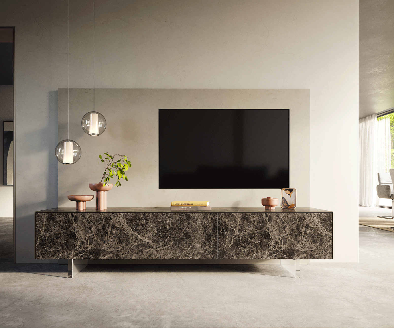 Szafka RTV Cuor 220 cm ceramika Emperador Extra Lucidato ciemnobrązowa 1 klapa 2 szuflady nóżki akrylowe 2