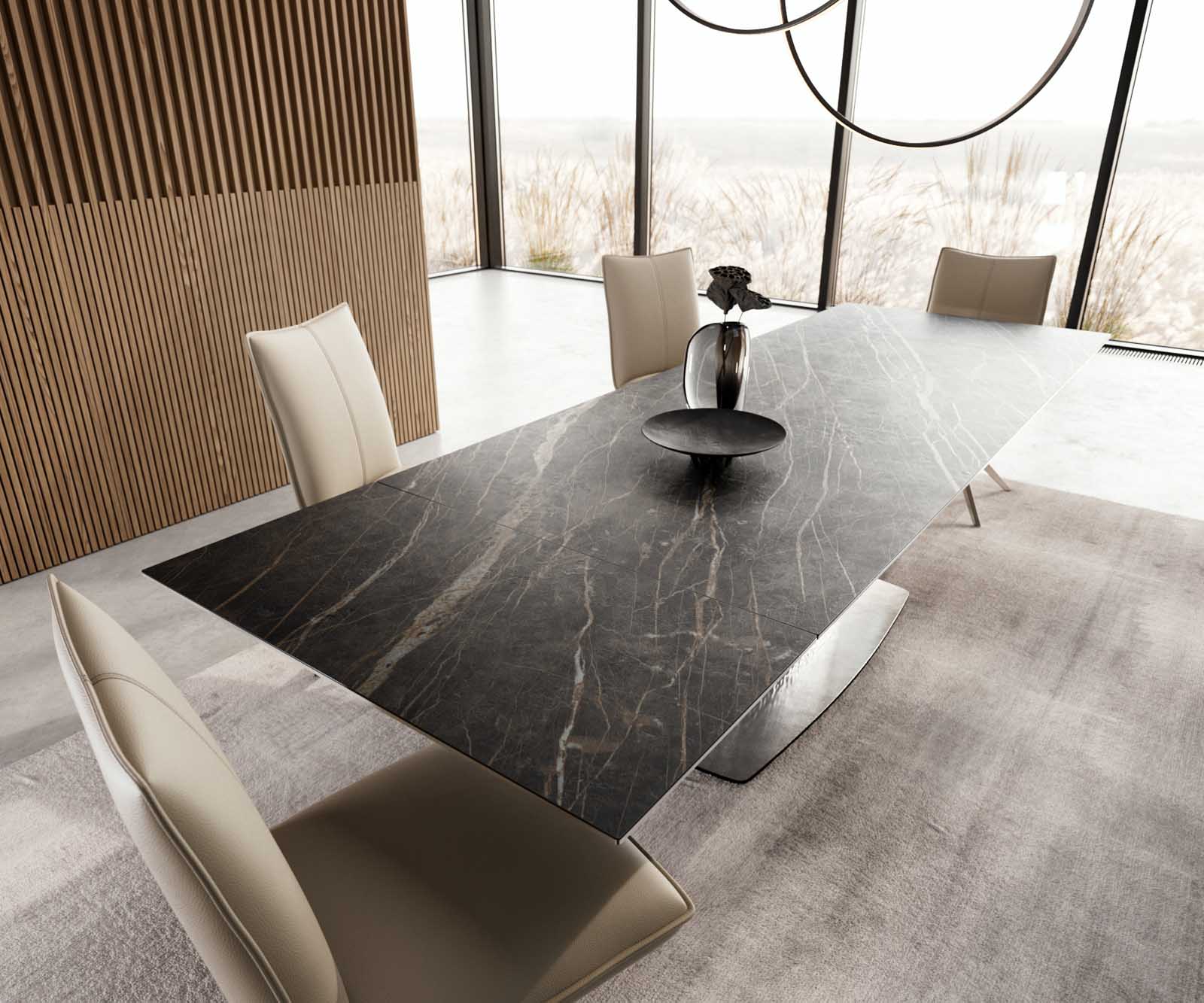 Stół do jadalni Edge 200-300x100 cm ceramika Laminam® Noir Desir brązowy rama Wave stal nierdzewna rozkładany 3