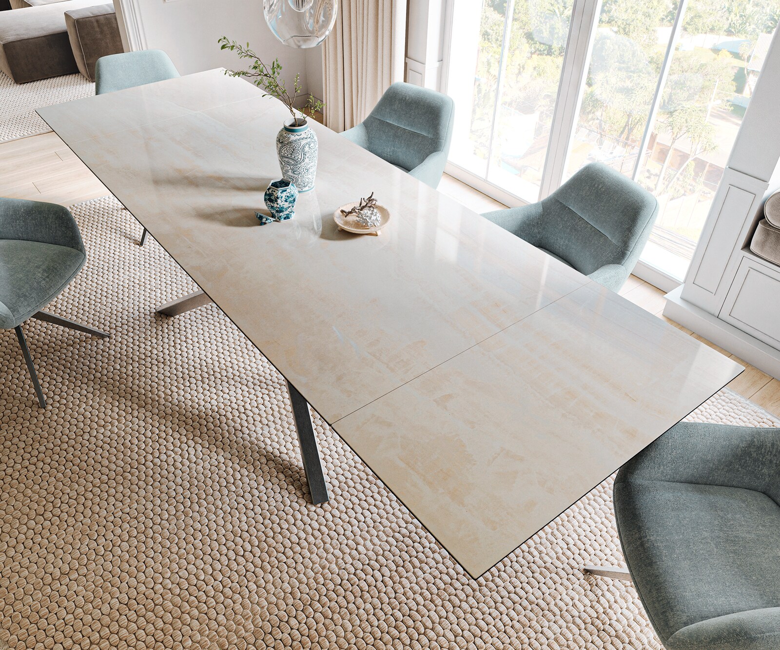 Stół do jadalni Edge 200-300x100cm ceramika Onyx Champagne rama Cross stal nierdzewna kolor grafitowy rozkładany 3