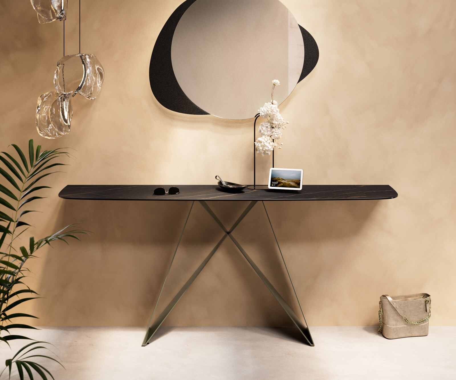 Konsola Edge w kształcie beczki 180x40 cm Laminam® Noir Desir brązowa podstawa Velio metal w kolorze tytanu 1