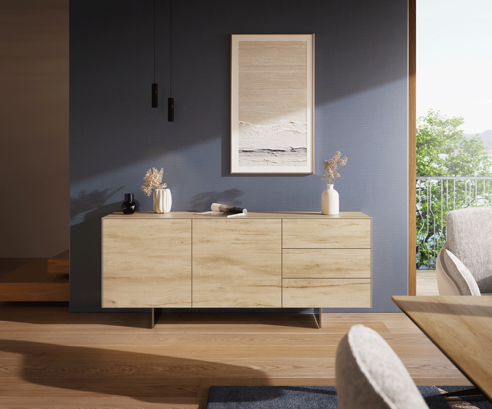 Komoda Cuor 180 cm ceramika Laminam® Sabbia (kolor dębu) 2 drzwi 3 szuflady nóżki wąskie stal nierdzewna 1