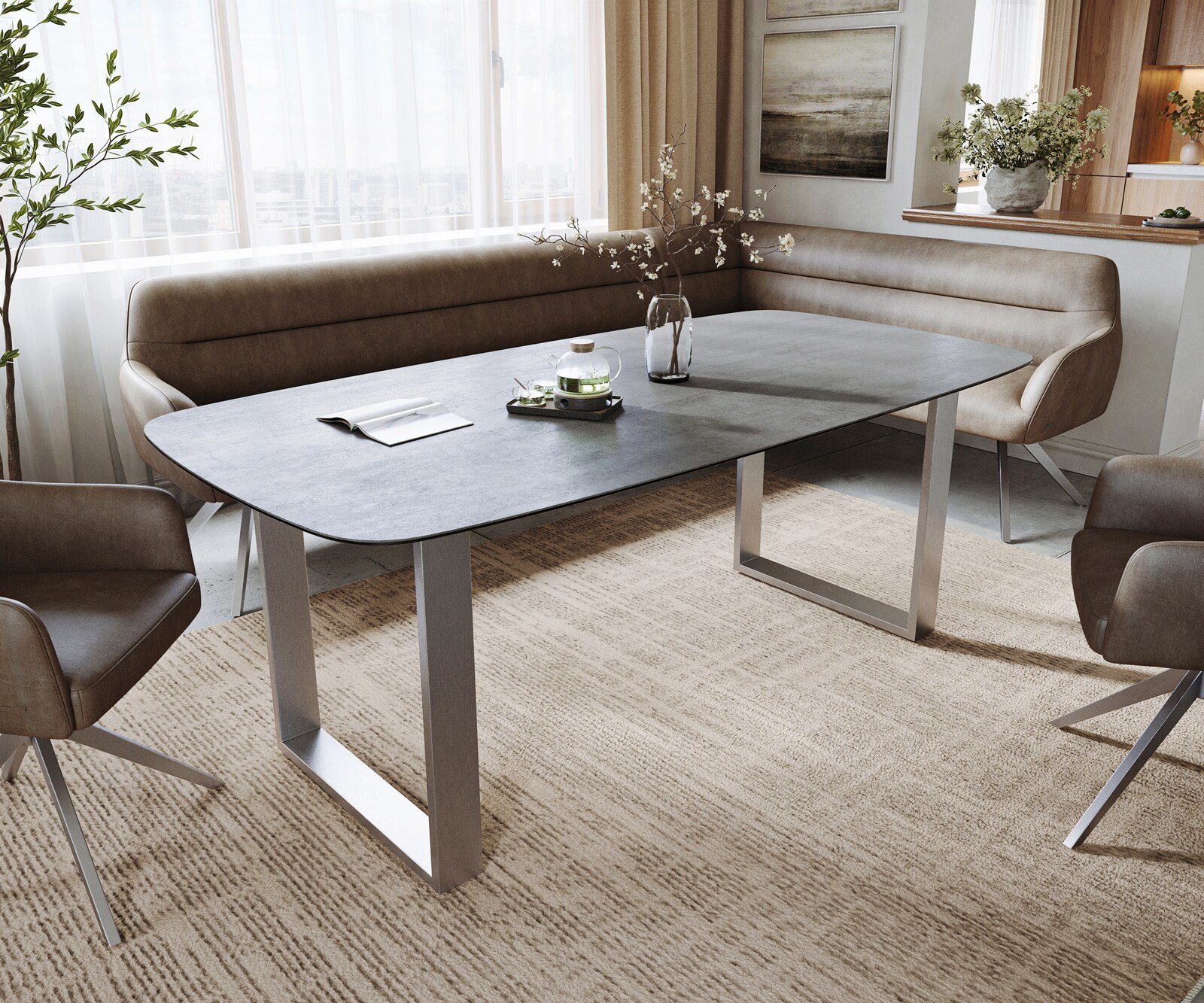 Stół do jadalni Edge Boot 200x100 cm ceramika Beton szary stal nierdzewna rama wąska