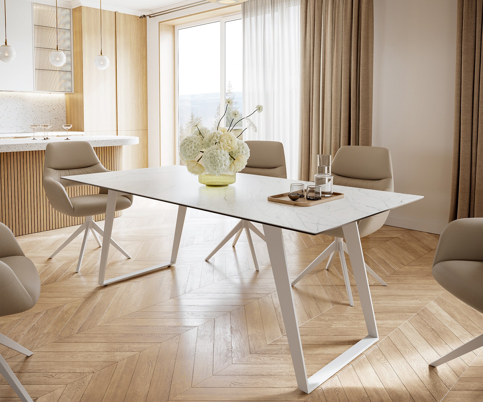 Stół do jadalni Edge 200x100 cm ceramika Laminam® Statuarietto biały rama pochylona metal biały