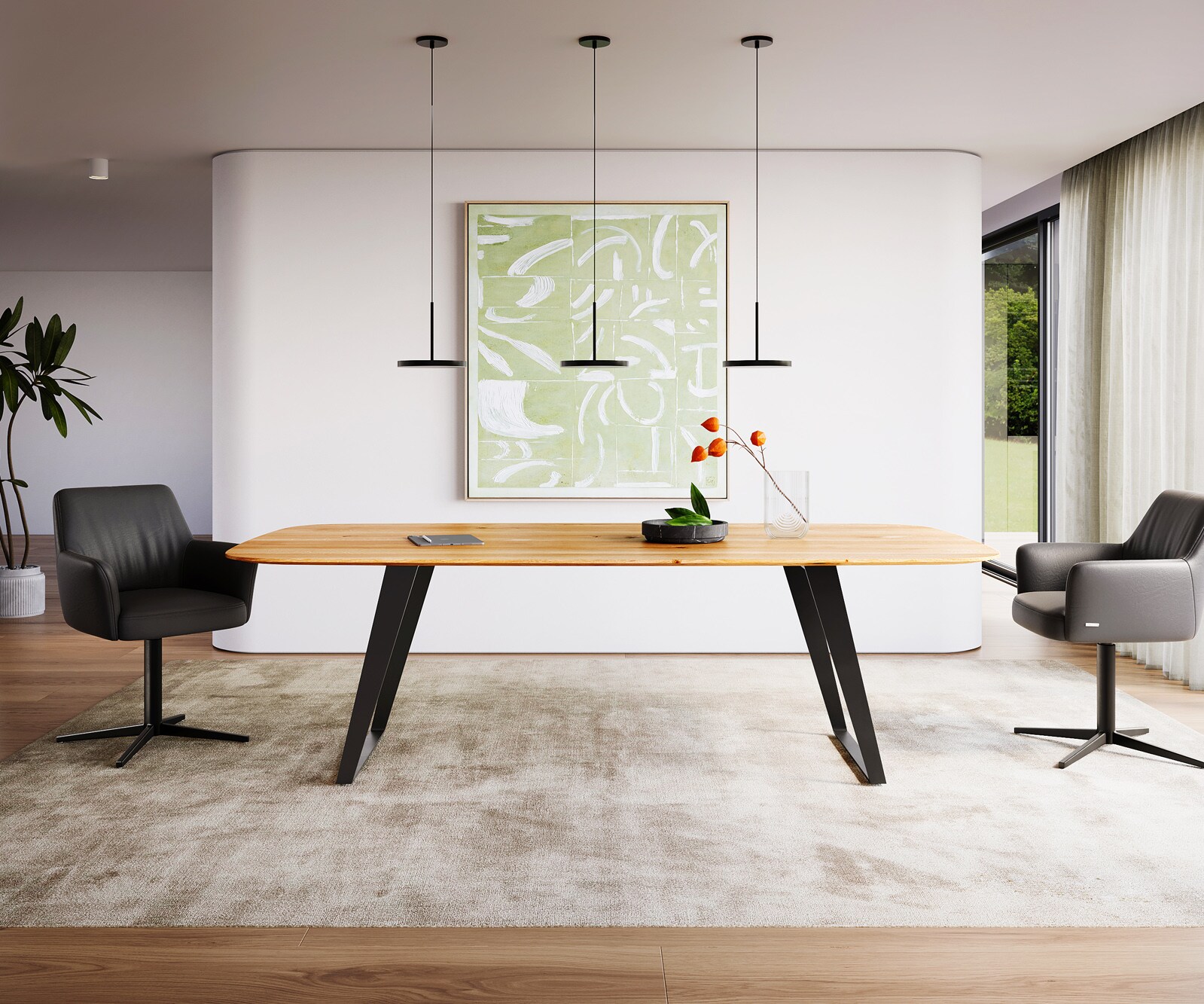 Stół do jadalni Edge kształt beczki 240x120x2,5-3cm dąb naturalny metal pochylona rama czarna krawędź szwajcarska 1