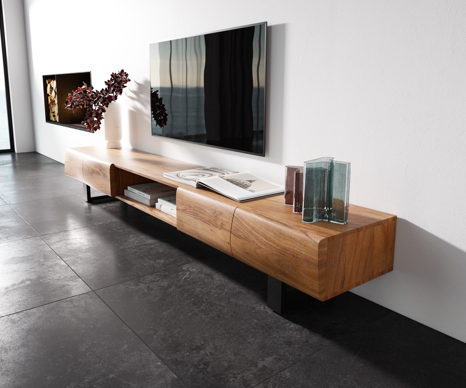 Szafka RTV New Live-Edge 240 cm akacja naturalna 4 drzwi 1 przegroda nóżki płozowe czarny metal 1