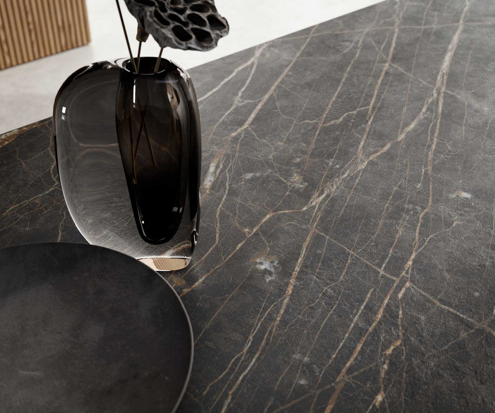 Stół do jadalni Edge 200-300x100 cm ceramika Laminam® Noir Desir brązowy rama Wave stal nierdzewna rozkładany 8