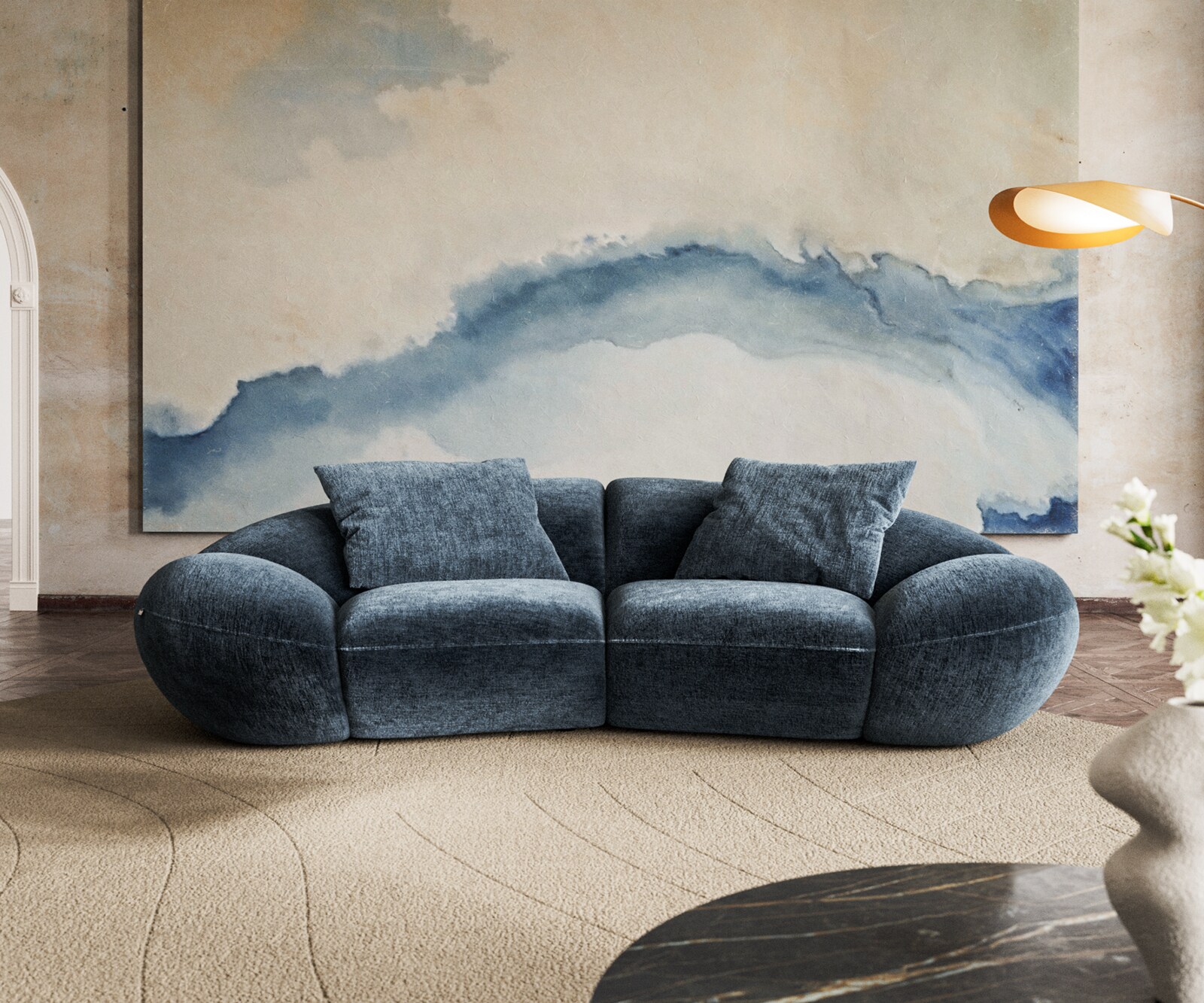 Sofa Lunna 280x70 cm szenil niebieski 2 poduszki 3