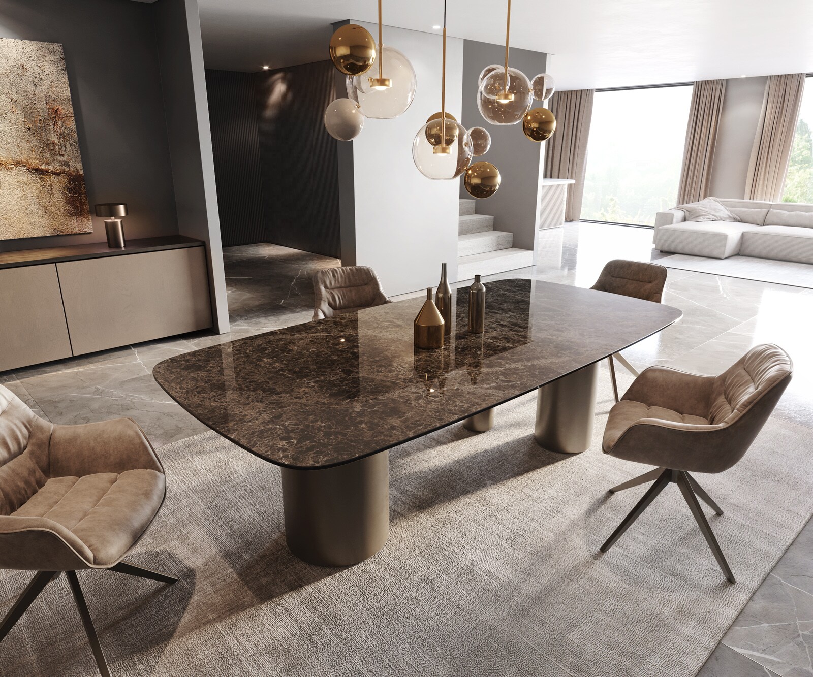 Stół do jadalni Edge kształt beczki 240x120cm ceramika Emperador Extra Lucidato ciemnobrązowy rama Troa metal kolor tytanowy 1
