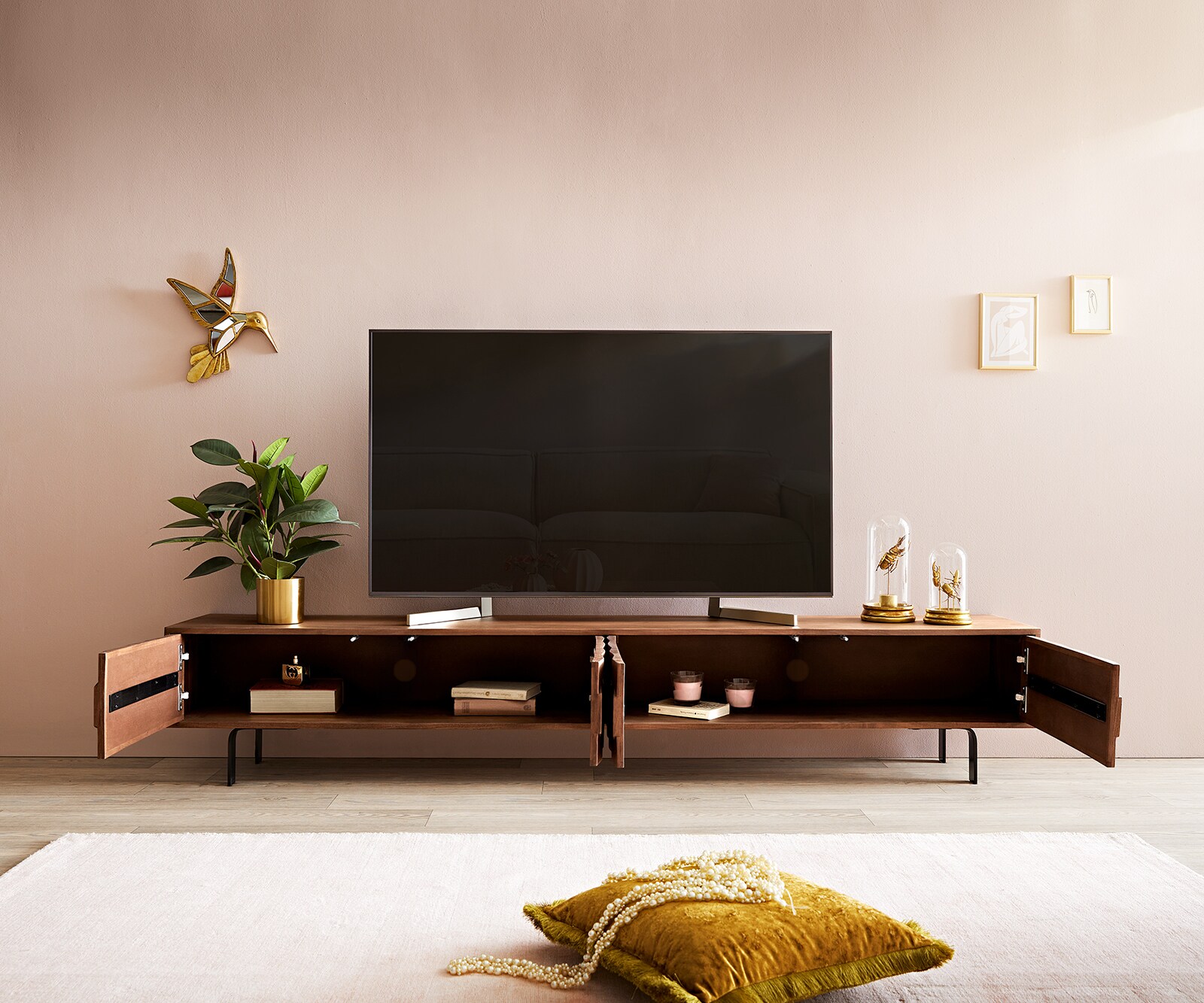 Szafka RTV Fevo 220 cm akacja brązowa 4 drzwi nóżki L 3