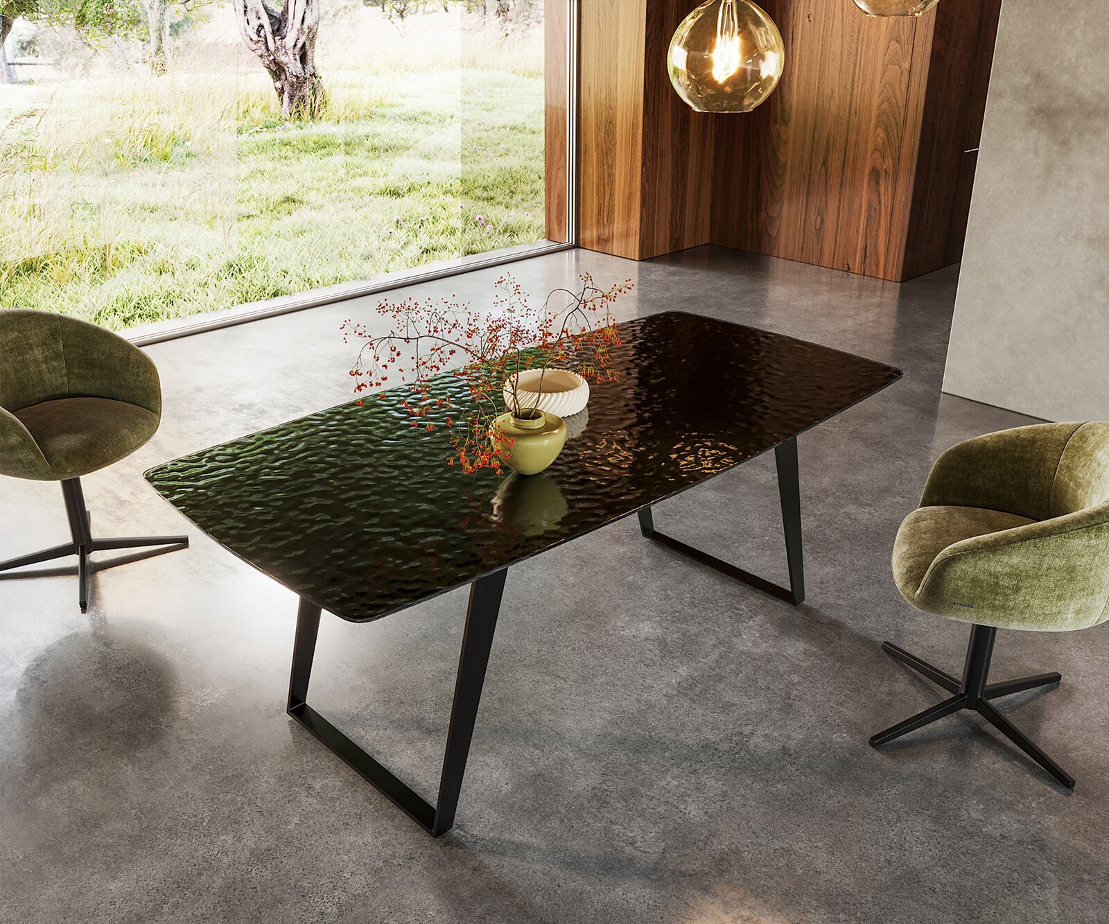 Stół do jadalni Edge w kształcie beczki 200x100cm szkło reliefowe dymione czarne efekt 3D rama pochylona metal czarny