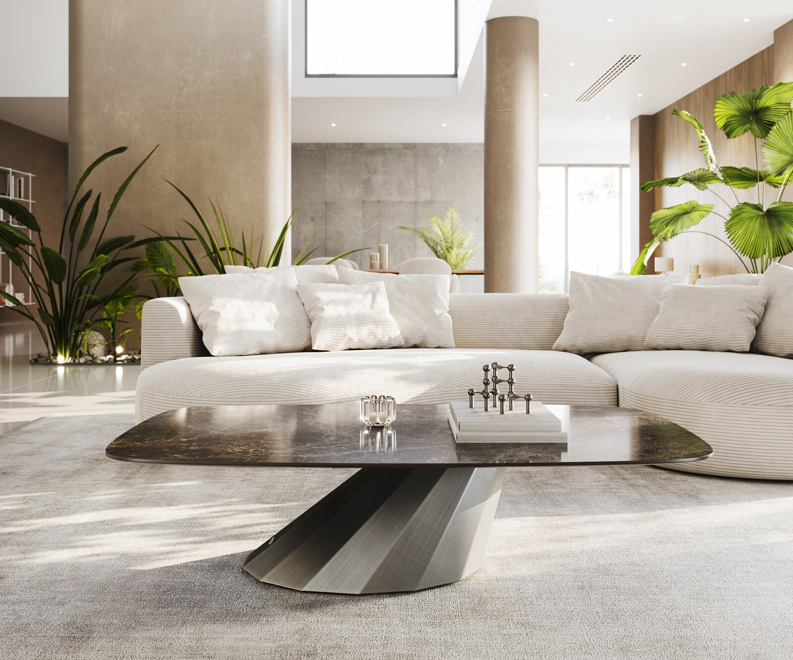 Stolik kawowy Edge w kształcie beczki 140x80 cm ceramika Laminam® Emperador Extra Lucidato ciemnobrązowa podstawa Parabi metaliczny srebrny 2