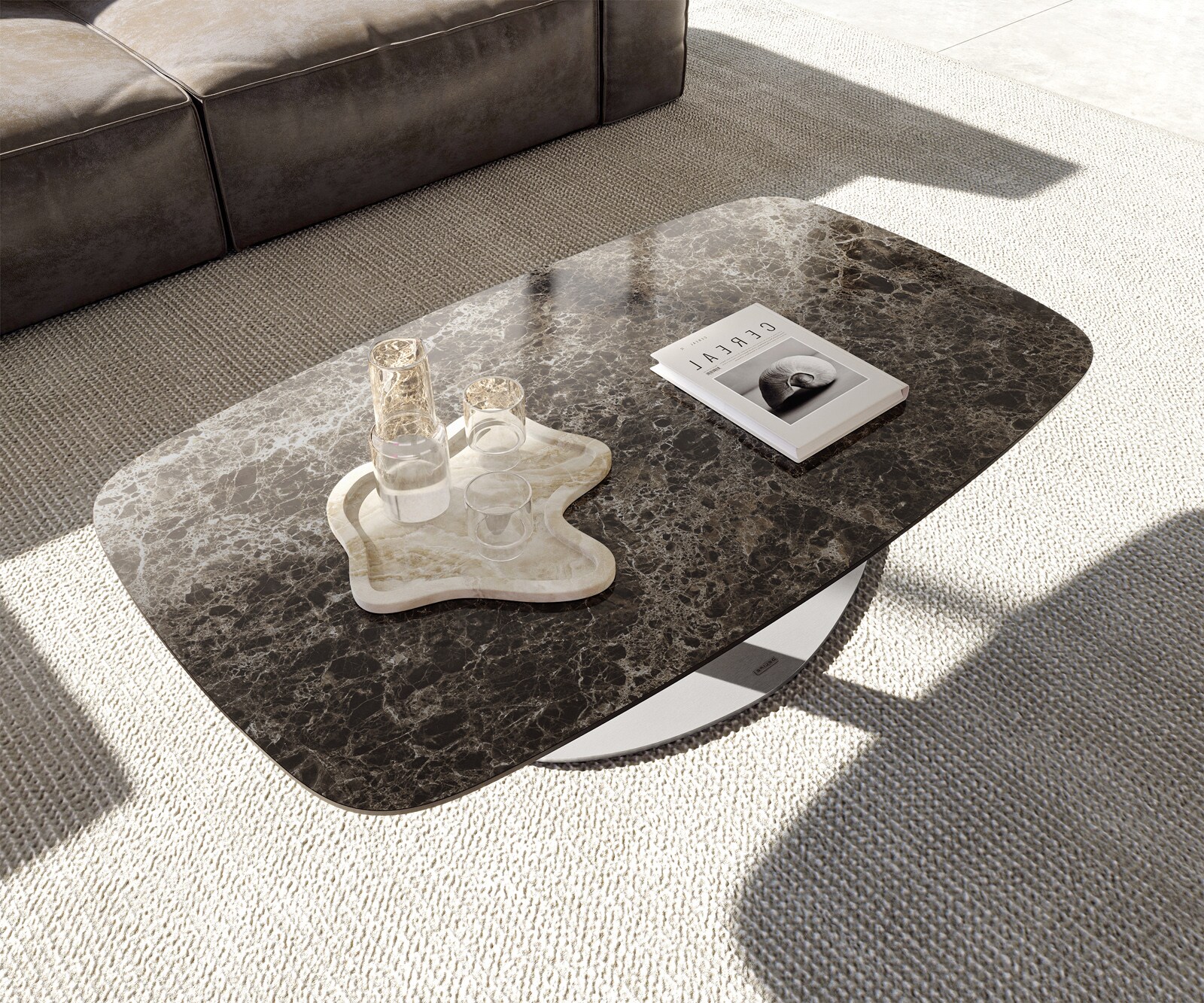 Stolik kawowy Edge w kształcie beczki 120x70 cm ceramika Laminam® Emperador Extra Lucidato ciemnobrązowy Vibany stal nierdzewna szczotkowana 3