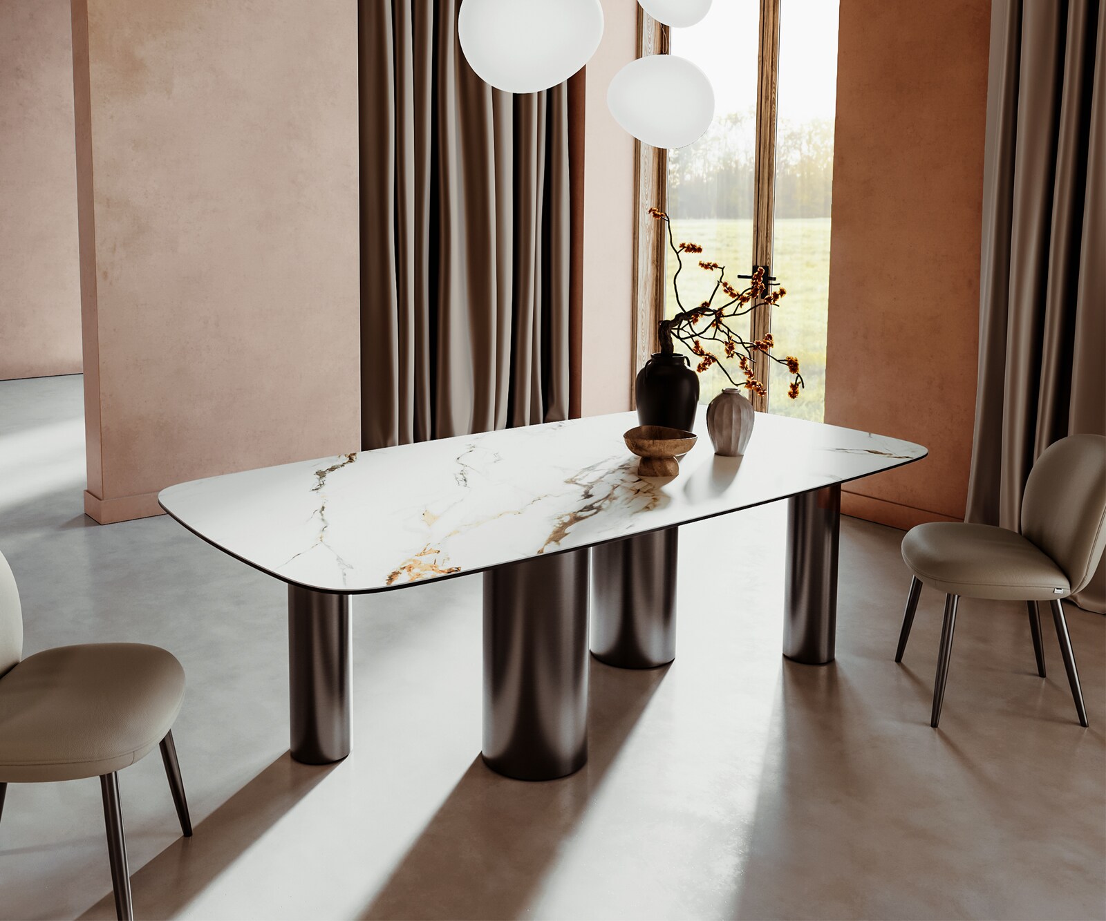 Stół do jadalni Edge kształt beczki 240x120cm ceramika Calacatta Luxe biało-złoto-szary rama Pilier stal nierdzewna grafit 1
