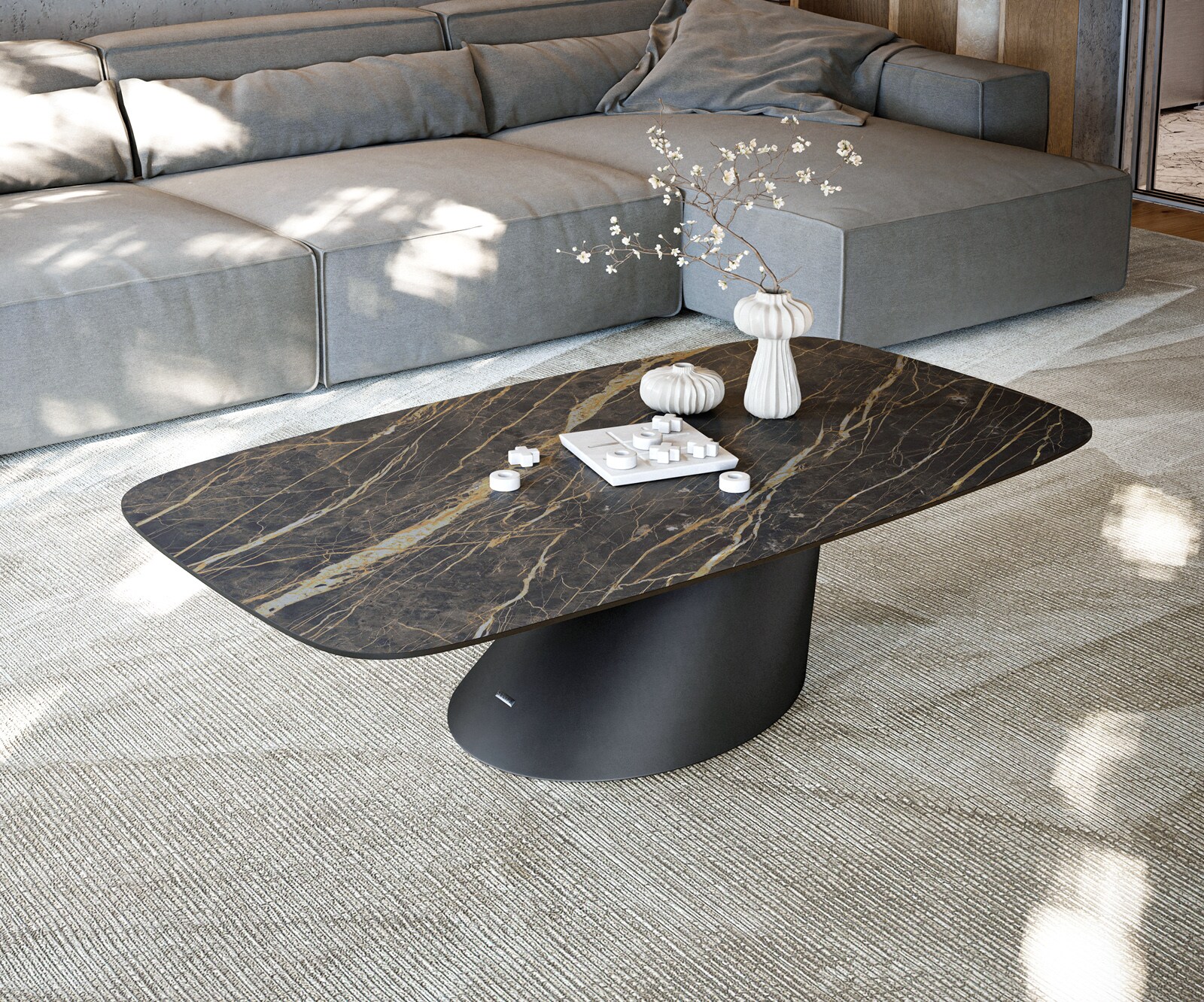 Stolik kawowy Edge w kształcie beczki 140x80 cm ceramika Laminam® Noir Desir brązowy Conis czarny metal 2