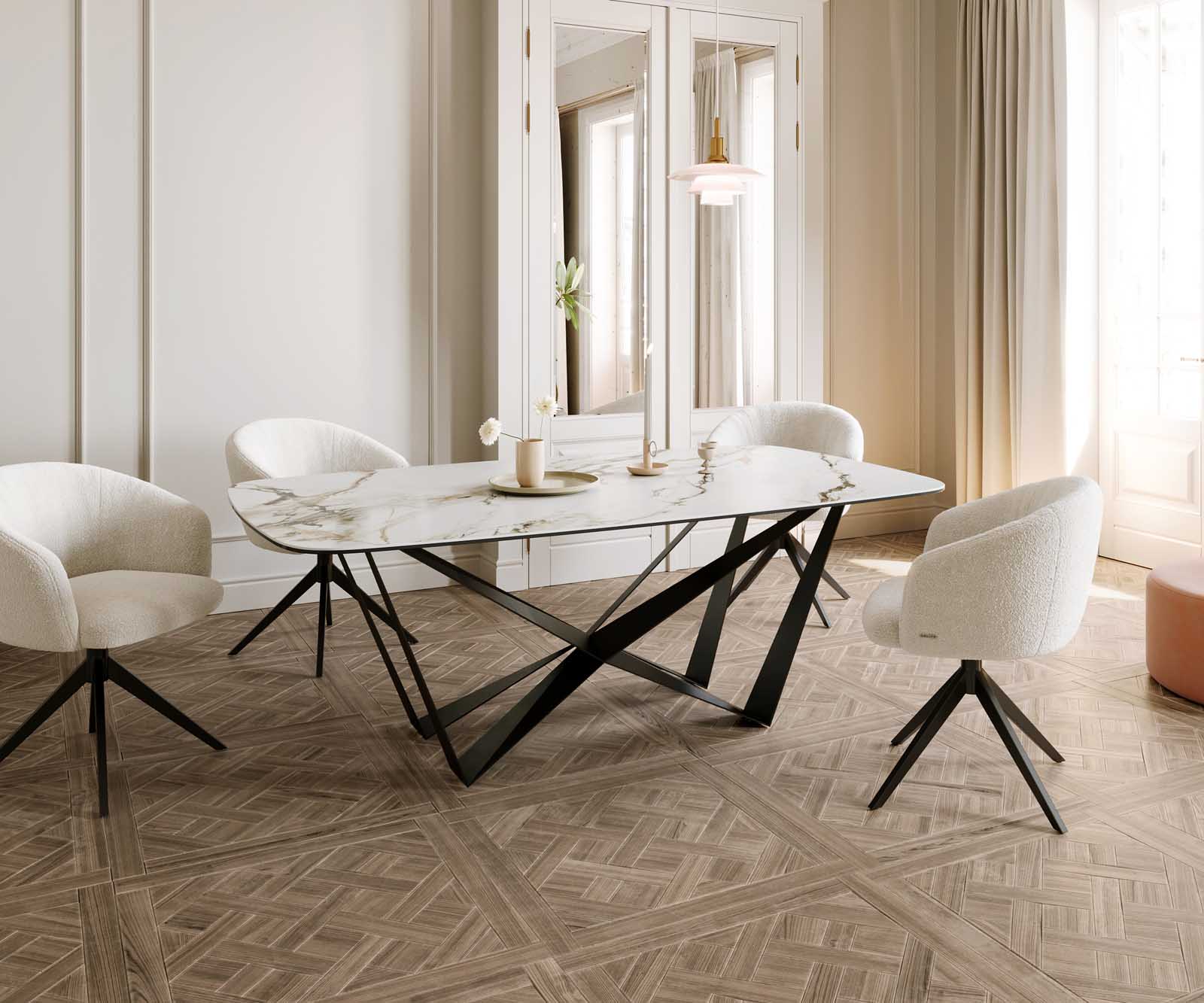 Stół do jadalni Edge kształt beczki 200x100cm ceramika Calacatta Luxe biało-złoto-szary rama Spider metal czarna 6