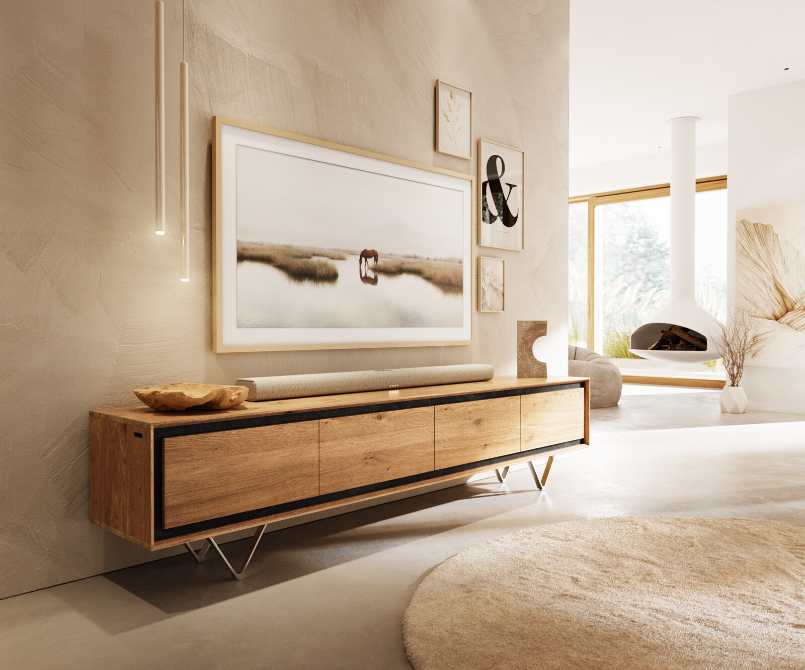 Szafka RTV Stonegrace 200 cm dąb naturalny 4 drzki fornir kamienny nóżki V stal nierdzewna 1