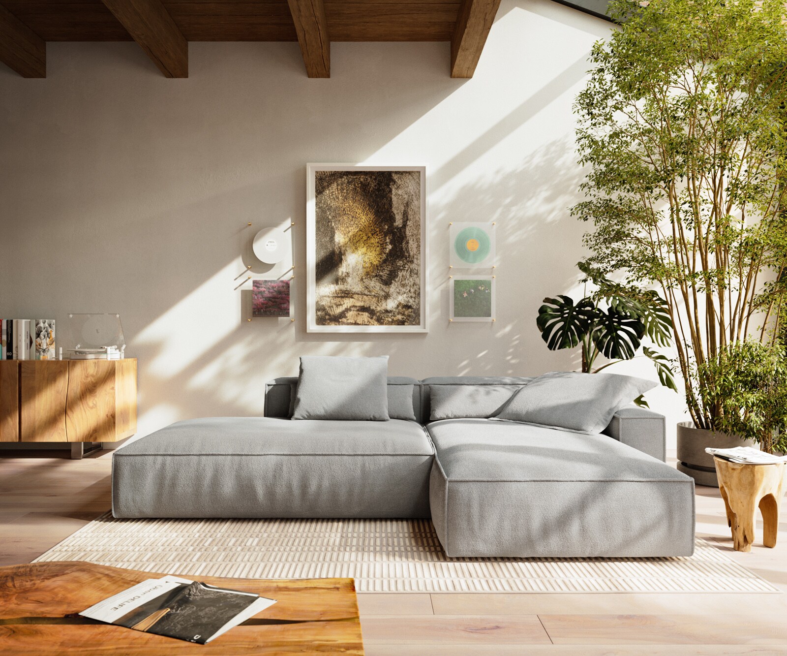 Sofa narożna Freestyle 310x200 cm miękka tkanina strukturalna szara z lamówką 1