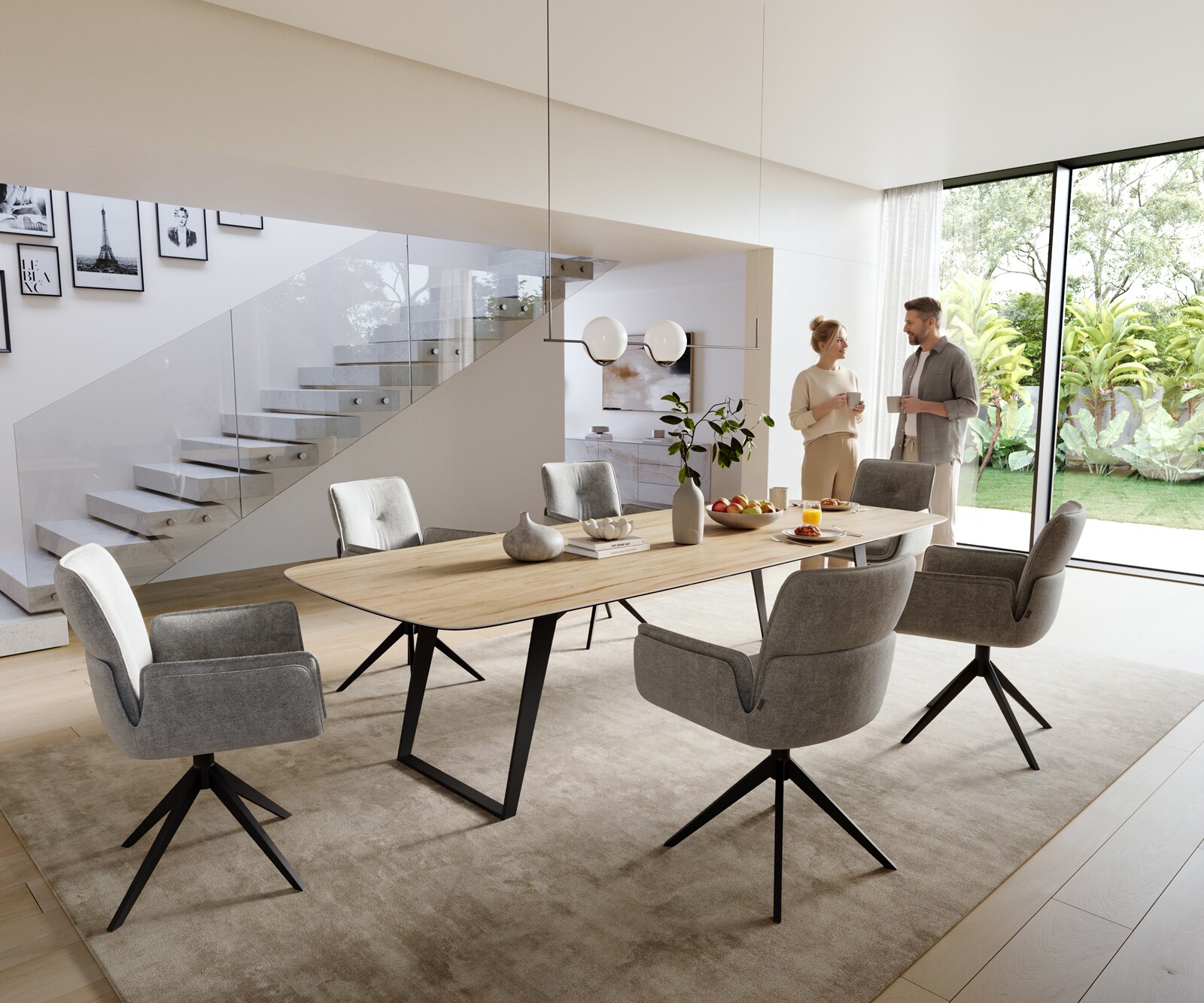 Stół do jadalni Edge w kształcie beczki 300x120 cm ceramika Laminam® Sabbia w kolorze dębu rama pochylona metal czarny 6