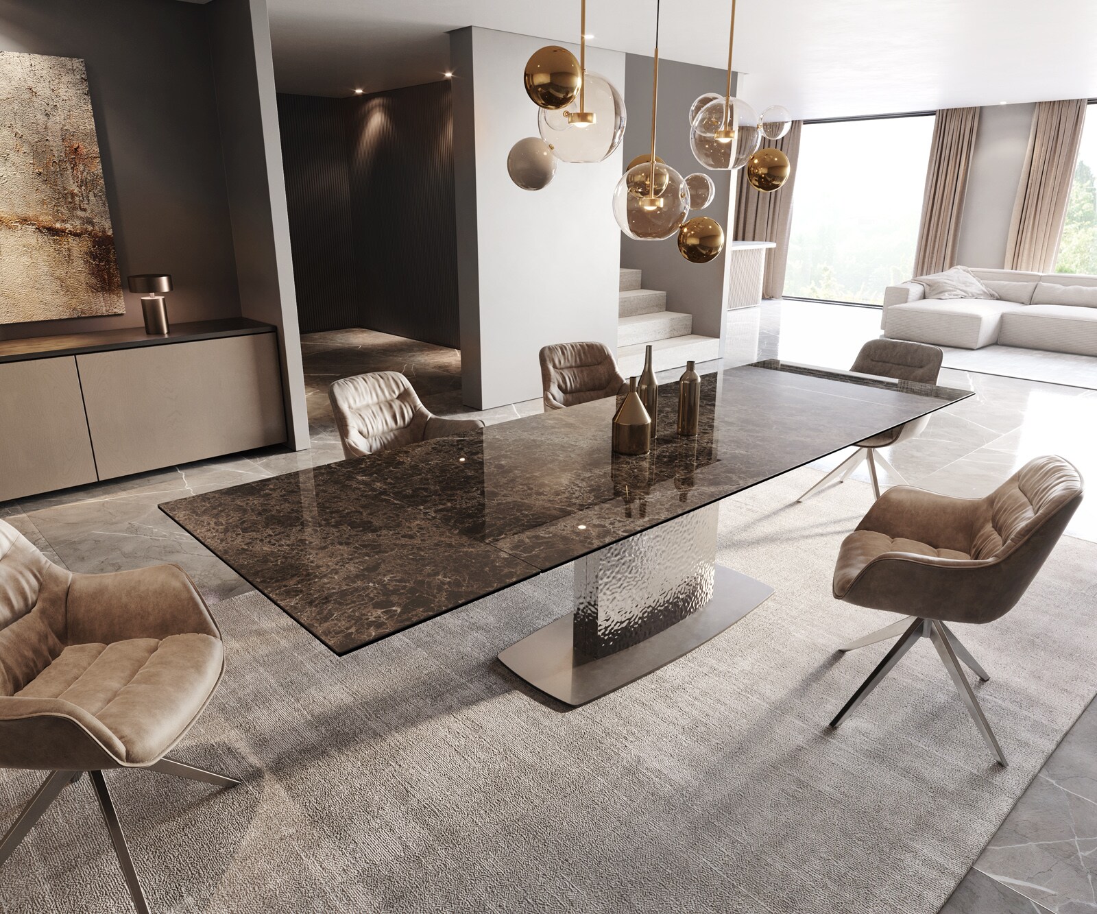 Stół do jadalni Edge 200-300x100 cm ceramika Emperador Extra Lucidato ciemnobrązowy rama Wave stal nierdzewna rozkładany