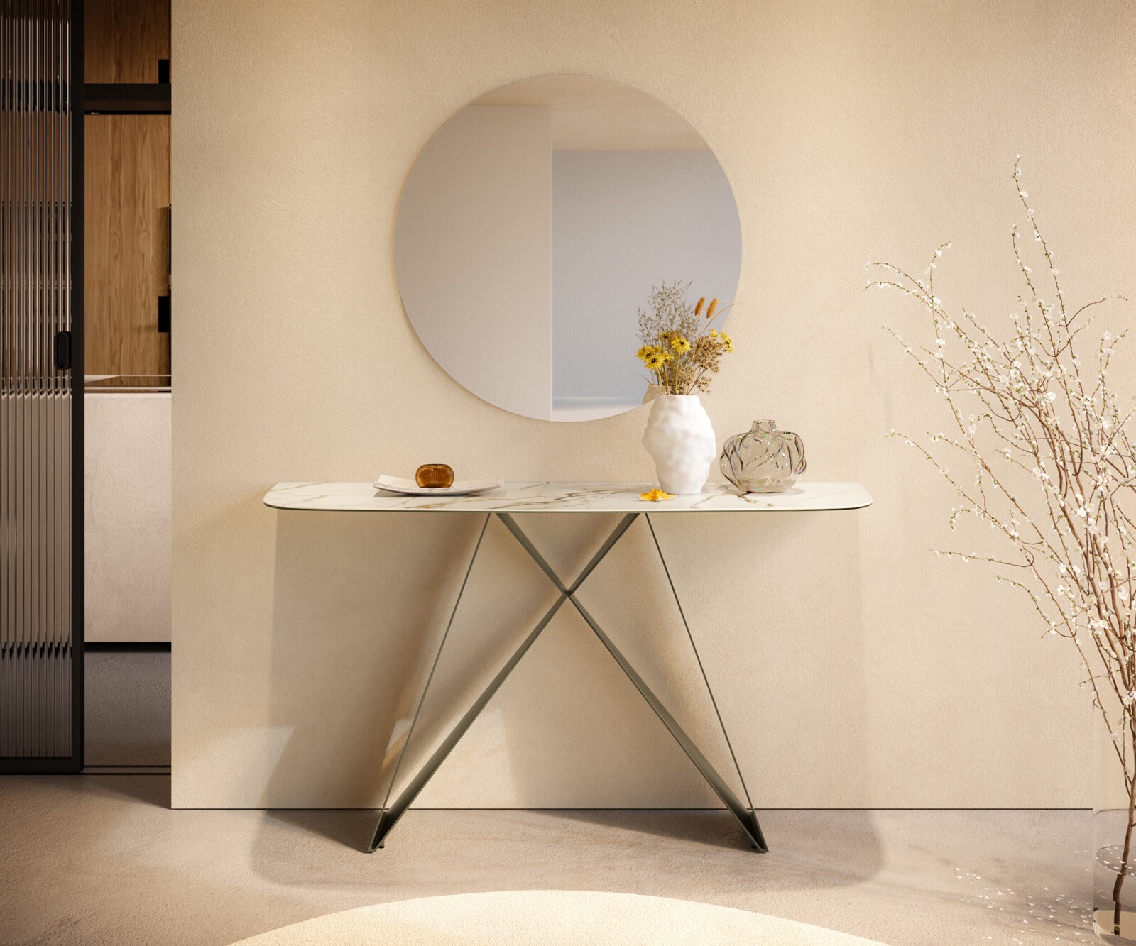 Konsola Edge w kształcie beczki 140x40 cm ceramika Calacatta Luxe biało-złoto-szara podstawa Velio metal w kolorze tytanu 4