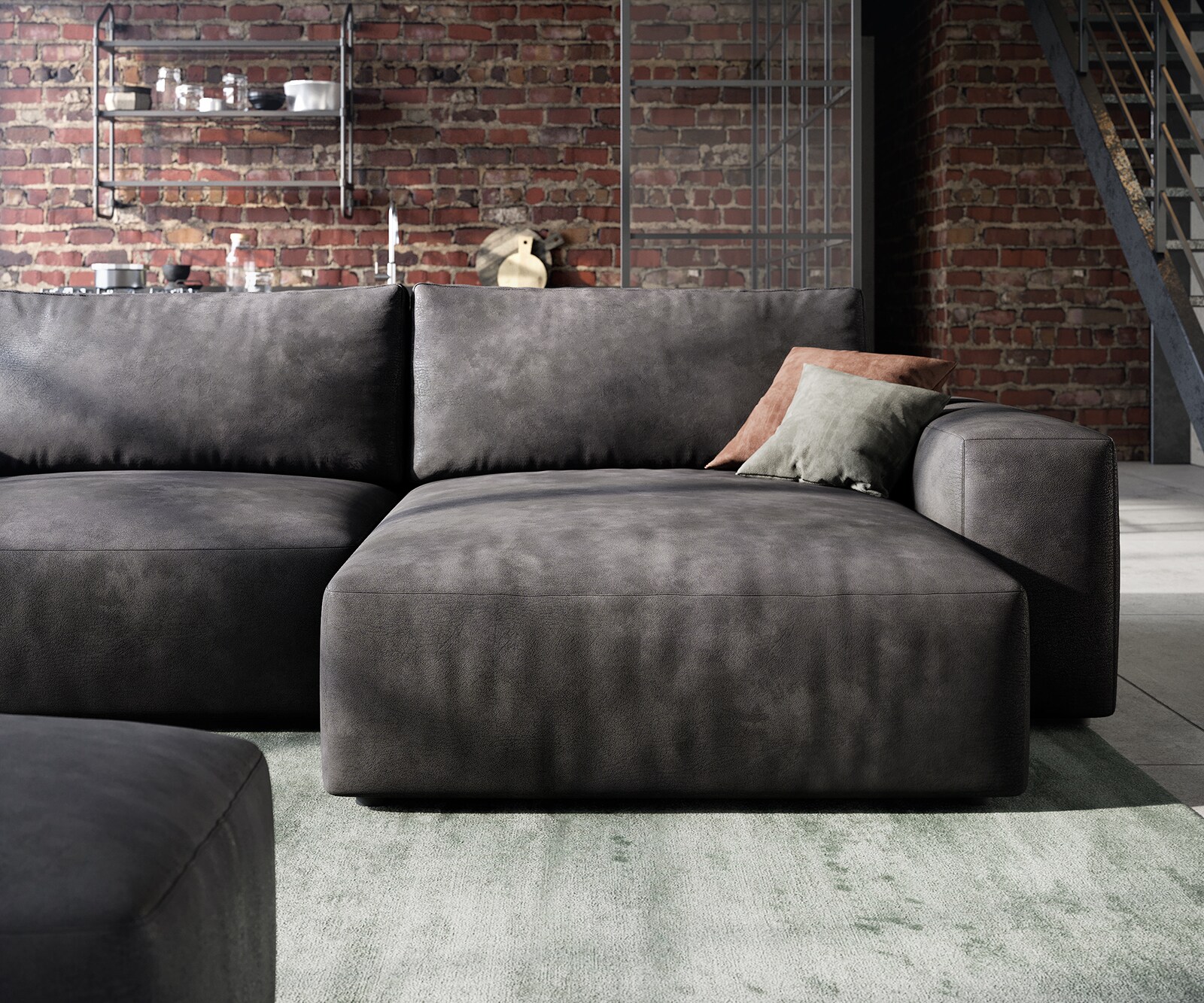 Sofa narożna Lanzo L 260x160 cm eko-skóra antracytowy vintage szezlong z możliwością obustronnego montażu z pufem 5