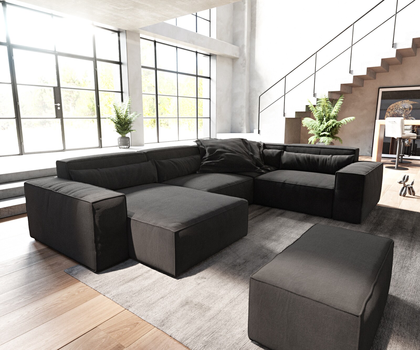 Sofa w kształcie litery U Sirpio 300x210 cm mikrofibra czarna szezlong z możliwością obustronnego montażu z pufem 1