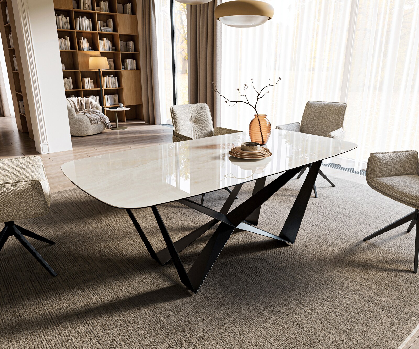 Stół do jadalni Edge w kształcie beczki 200x100 cm ceramika Onyx Champagne rama Spider metal czarny