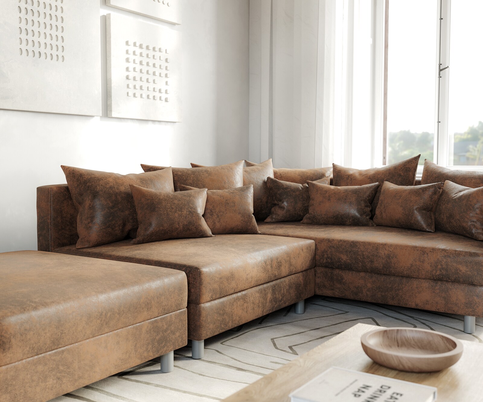 Sofa narożna Clovis brązowy antyczny sofa modułowa z pufem szezlong prawy 5