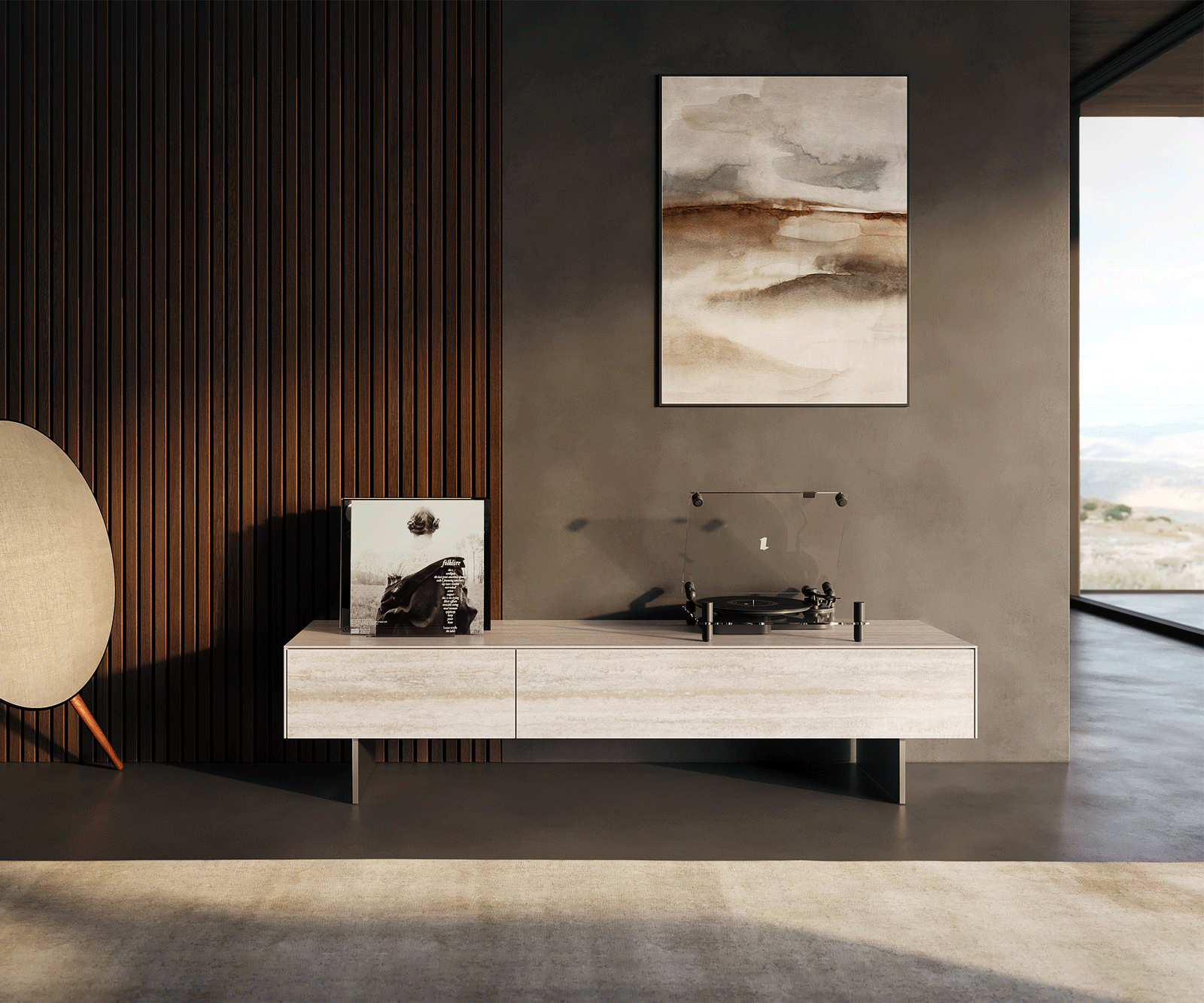 Szafka RTV Cuor 150 cm ceramika Laminam® Travertino Bianco kremowo-biała 1 klapa 1 szuflada nóżki wąskie stal nierdzewna 1