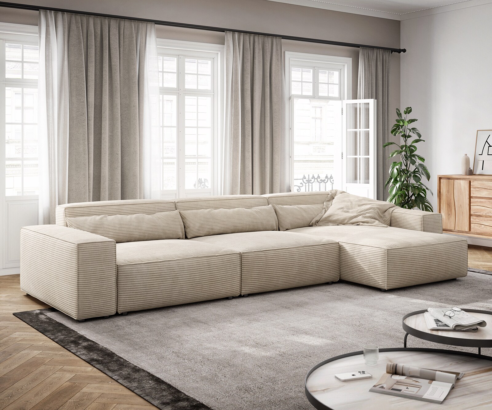 Sofa narożna Sirpio XL 370x170cm sztruks beżowy szezlong z możliwością zmiennego ustawienia