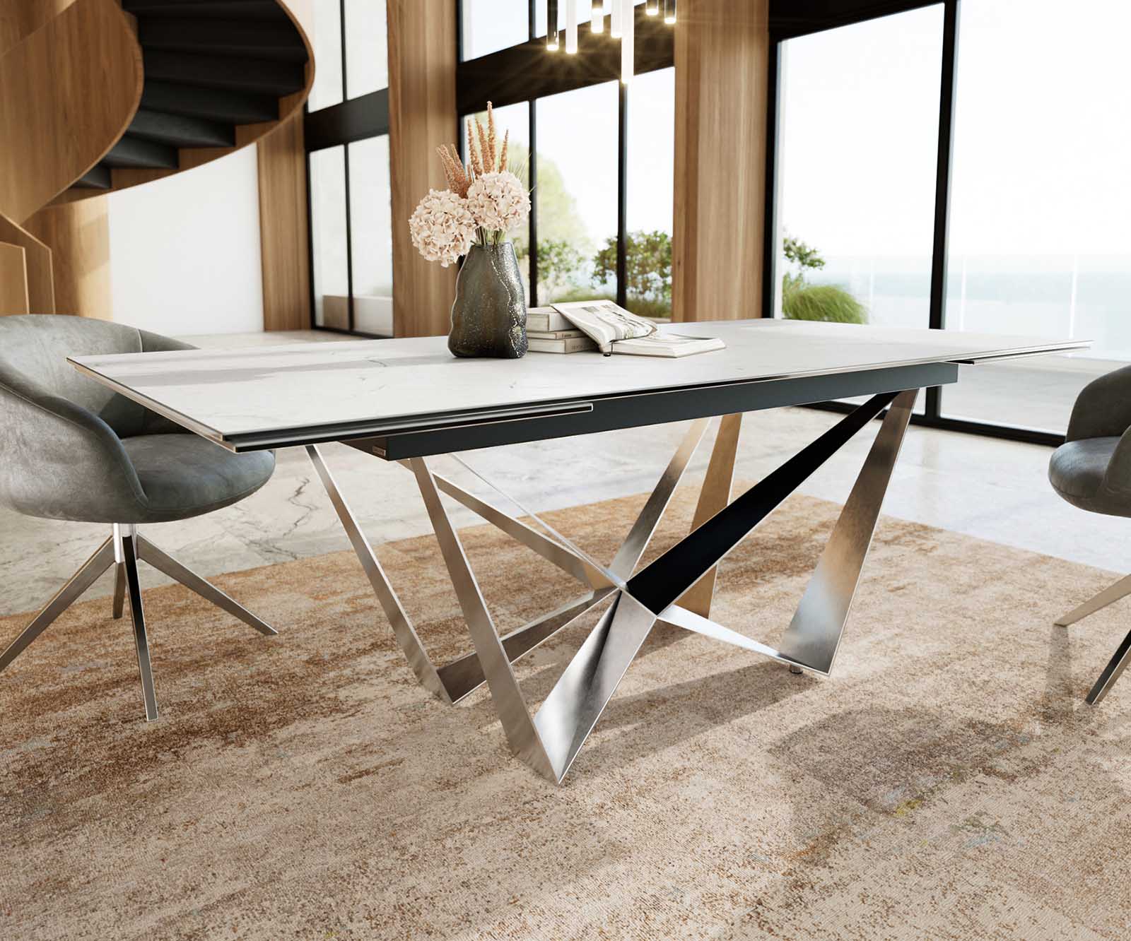 Stół do jadalni Edge 200-300x100 cm ceramika Laminam® Statuarietto biały rama Spider stal nierdzewna rozkładany 6