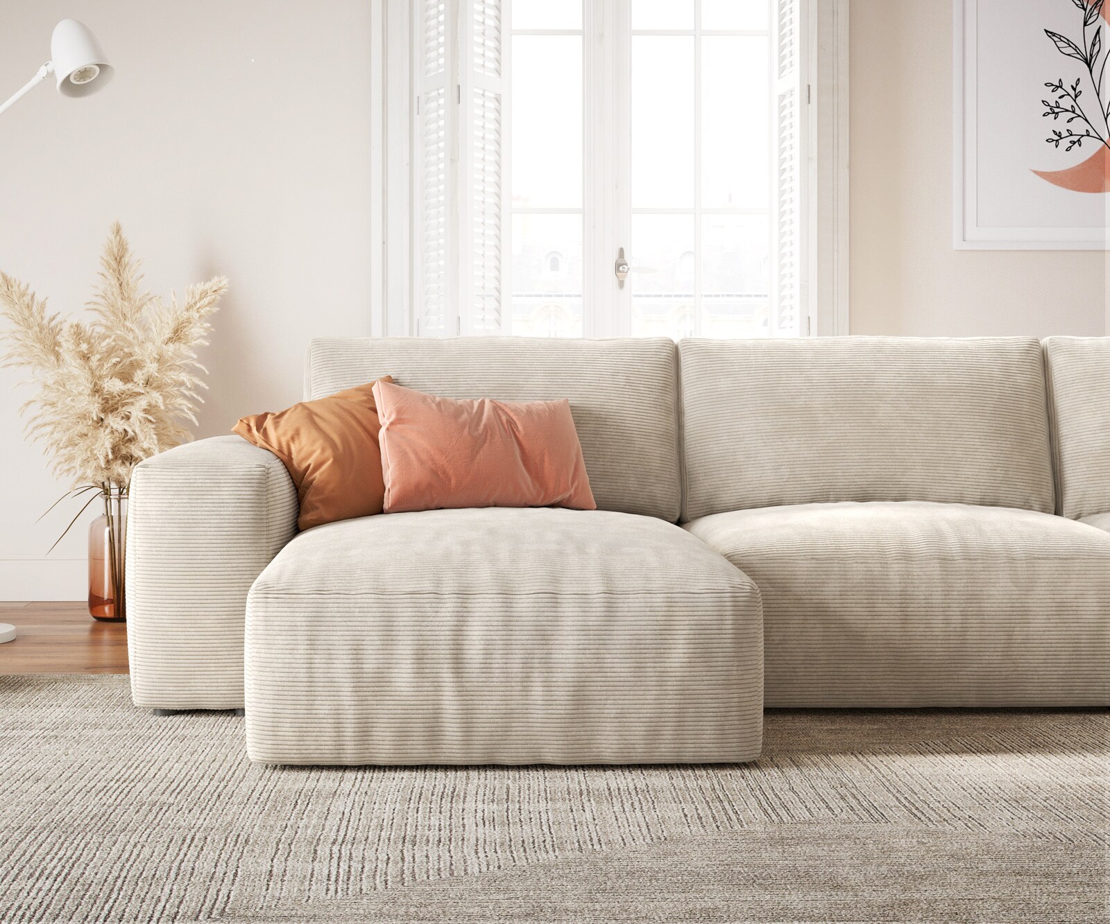 Sofa w kształcie litery U Lanzo 300x210 cm sztruks beżowy szezlong z możliwością obustronnego montażu z pufem 4