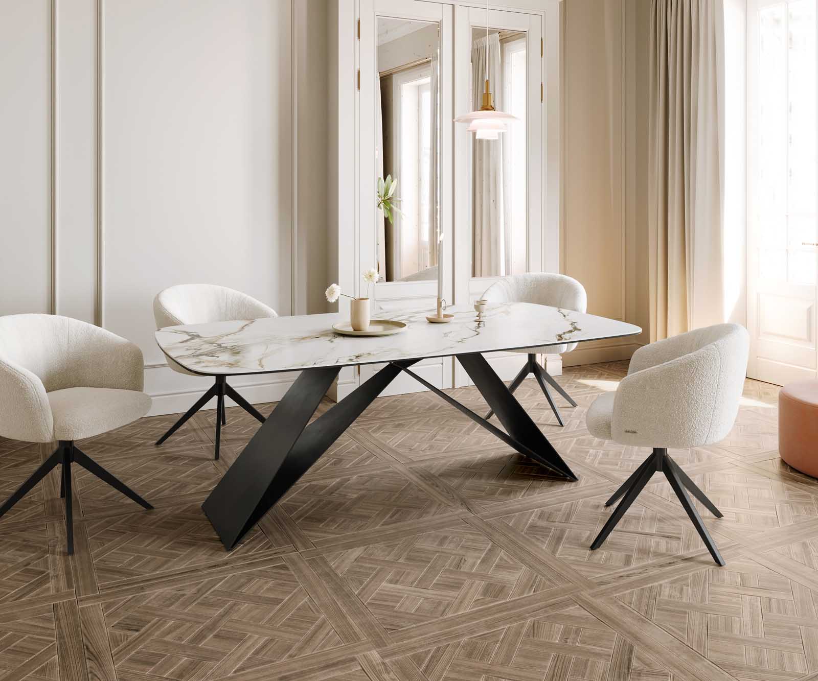 Stół do jadalni Edge kształt beczki 200x100cm ceramika Calacatta Luxe biało-złoto-szary rama V metal czarna 6