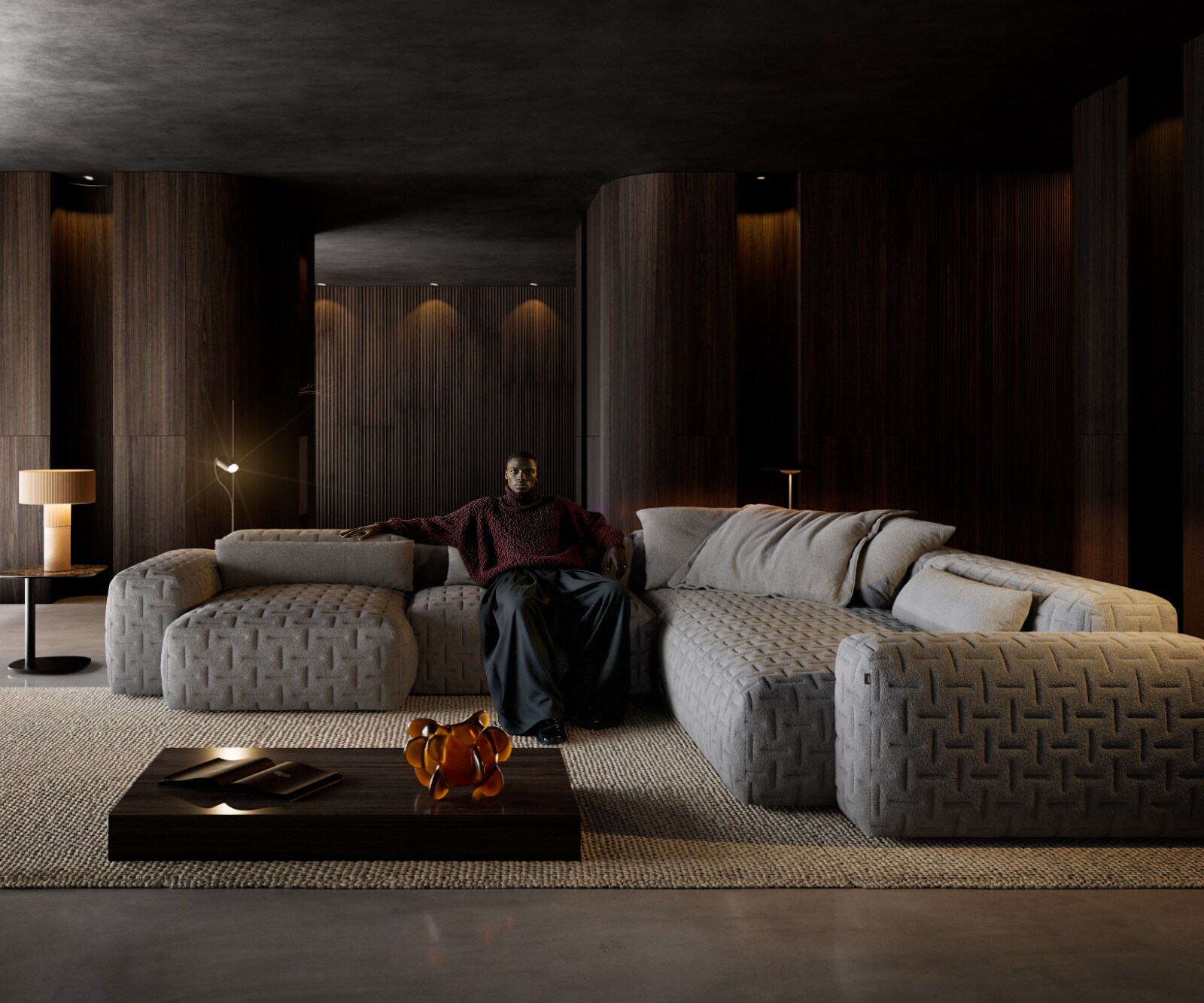Sofa w kształcie litery U Freestyle 360x290 cm miękka tkanina strukturalna szara pikowana