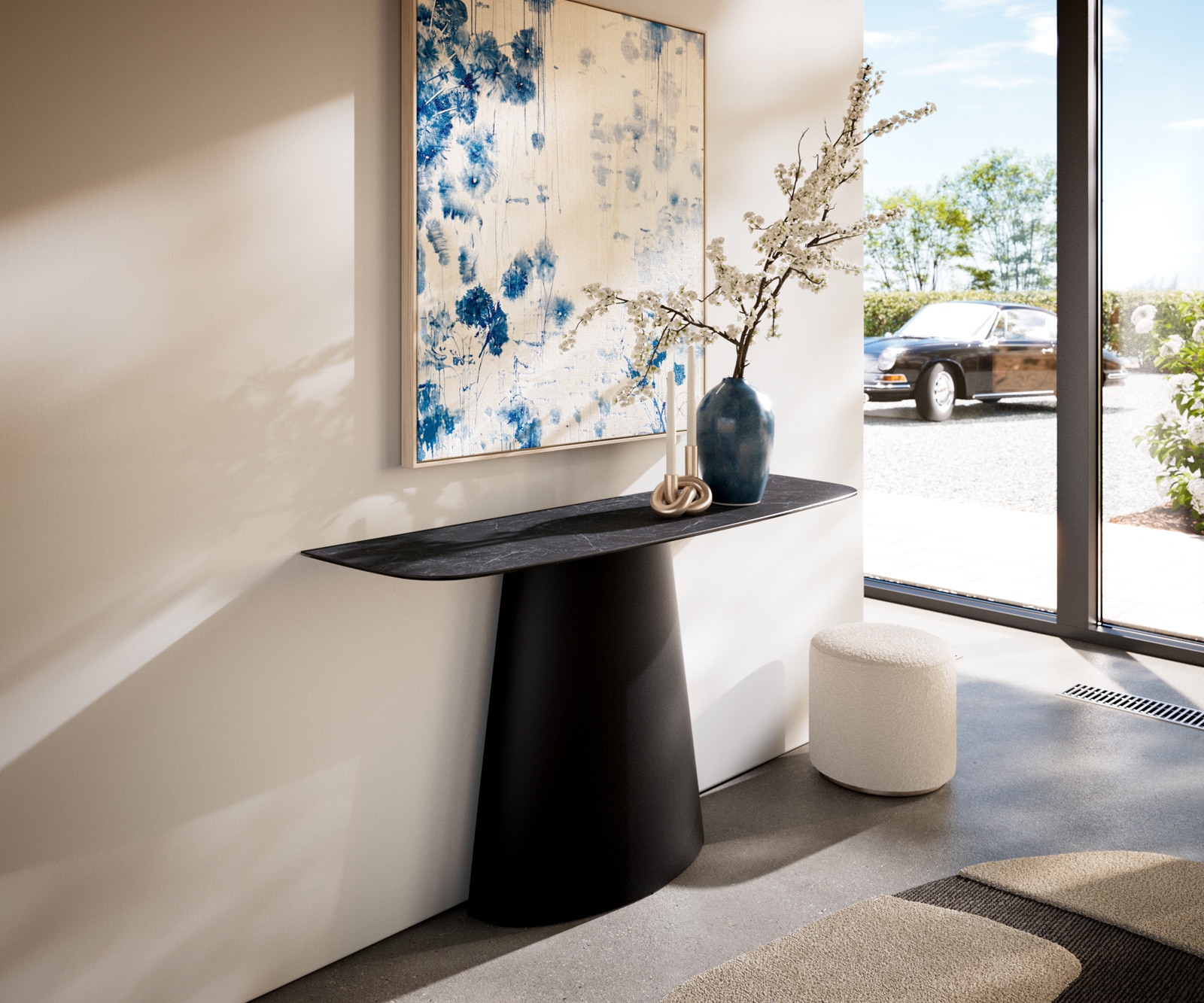 Konsola Edge w kształcie beczki 140x40 cm ceramika Laminam® Nero Greco antracytowa rama Conos metal czarny 1